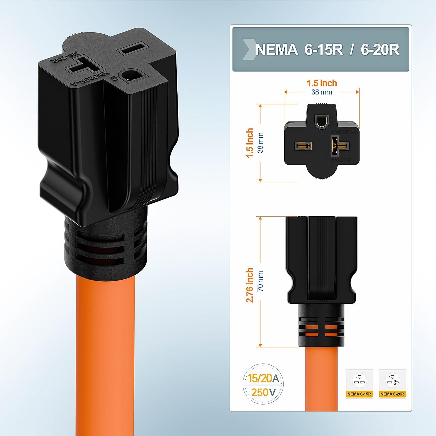 Heavy Duty 10/3 1FT NEMA 14-50P to 6-20R/6-15R T-Blade Adapter, 250V 50A EV Char