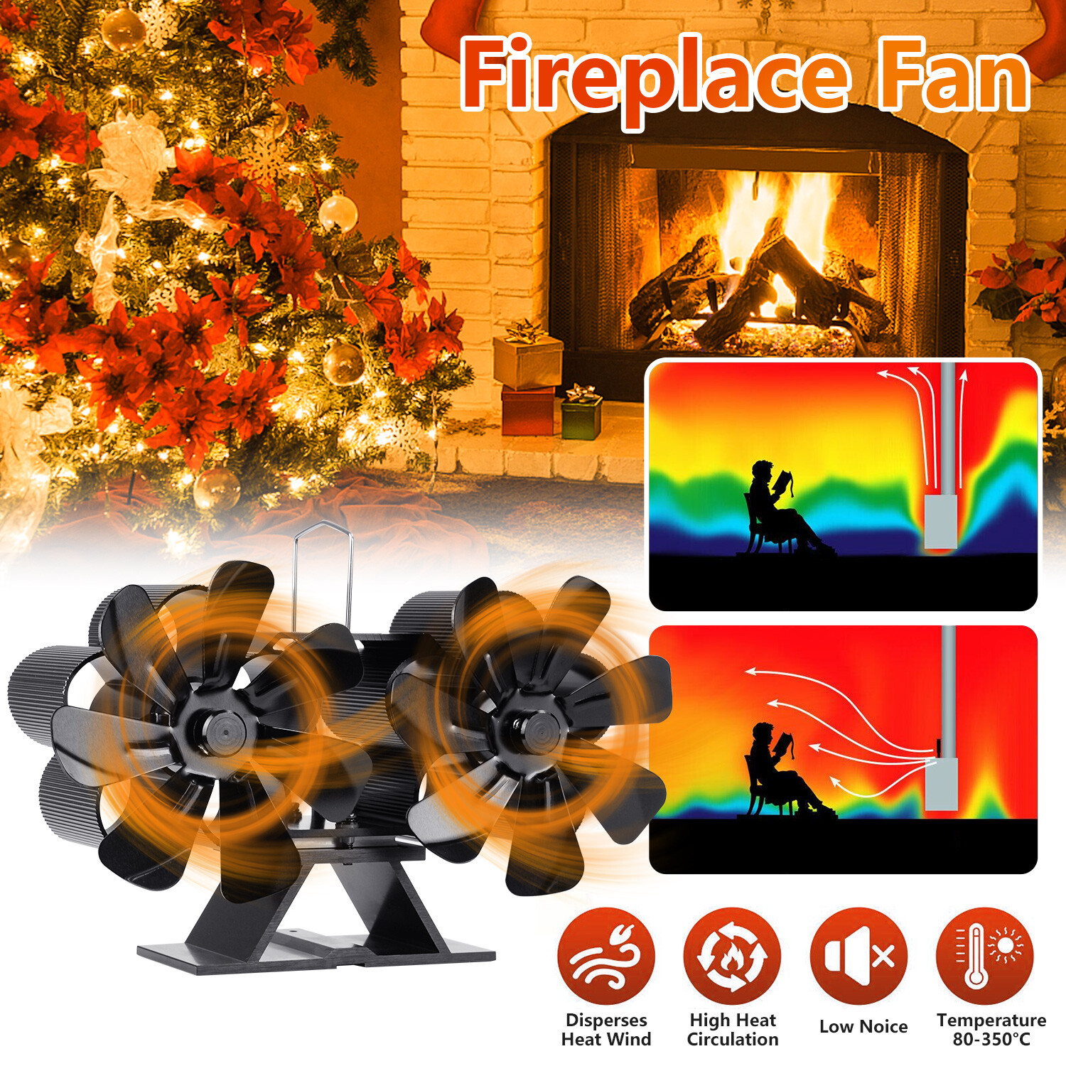14-Blade Heat Activated Fireplace Fan for Wood Stove Burning Burner Dual Head US