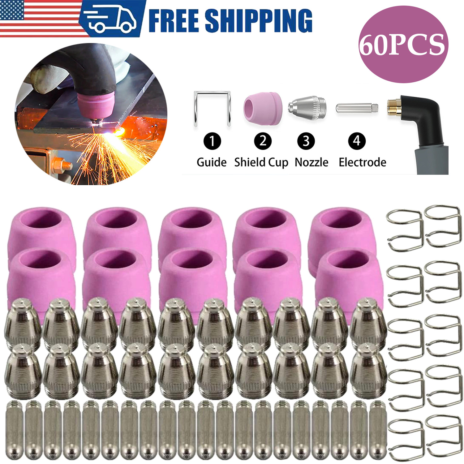 60 pcs Plasma Cutter Tips & Nozzles Kit for SG-55, AG-60, WSD-60, CUT50 60Amp
