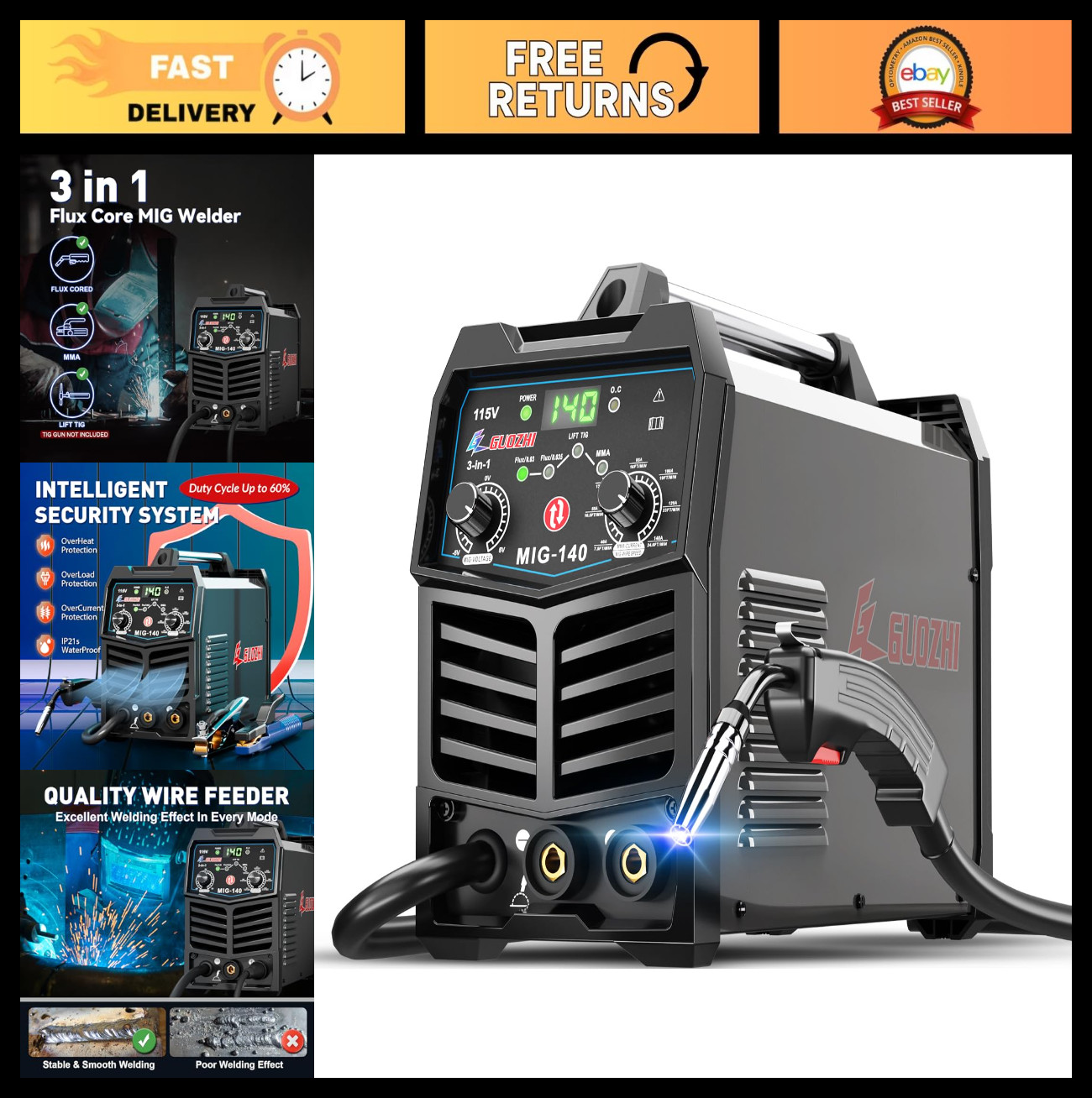 140A 3-in-1 MIG Welder – FLUX, ARC & Lift TIG Multi-Process, 110V Welding Machin