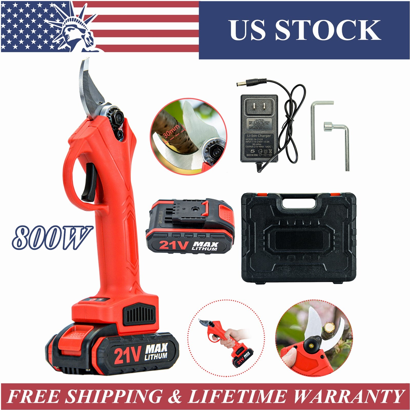 30mm Branch Scissors Cordless 21V Electric Pruning Shear Pruner Garden Snips USA