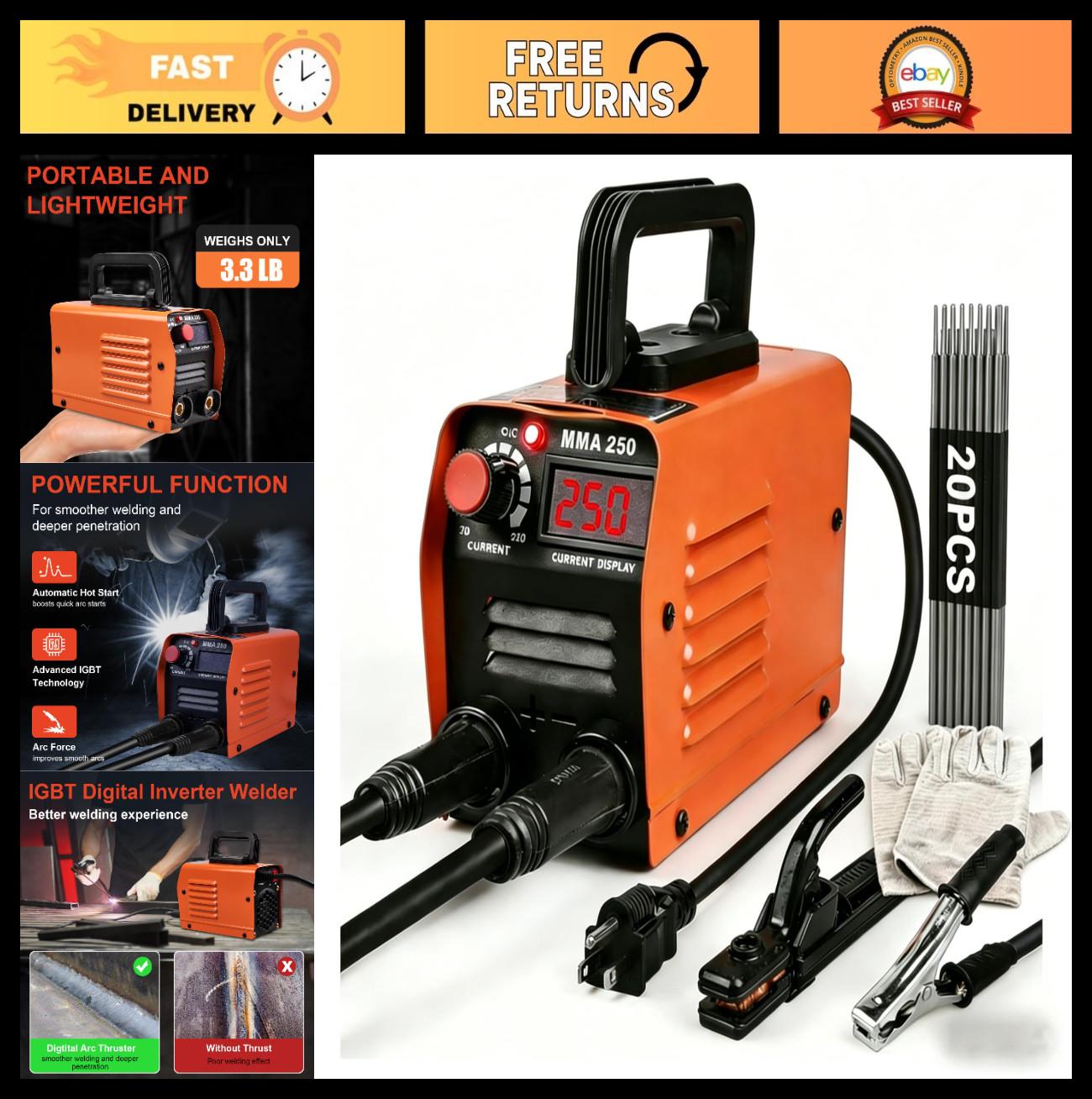 Portable Mini Welding Machine 110V, MMA-250A Stick Welder, IGBT Inverter, Hot St