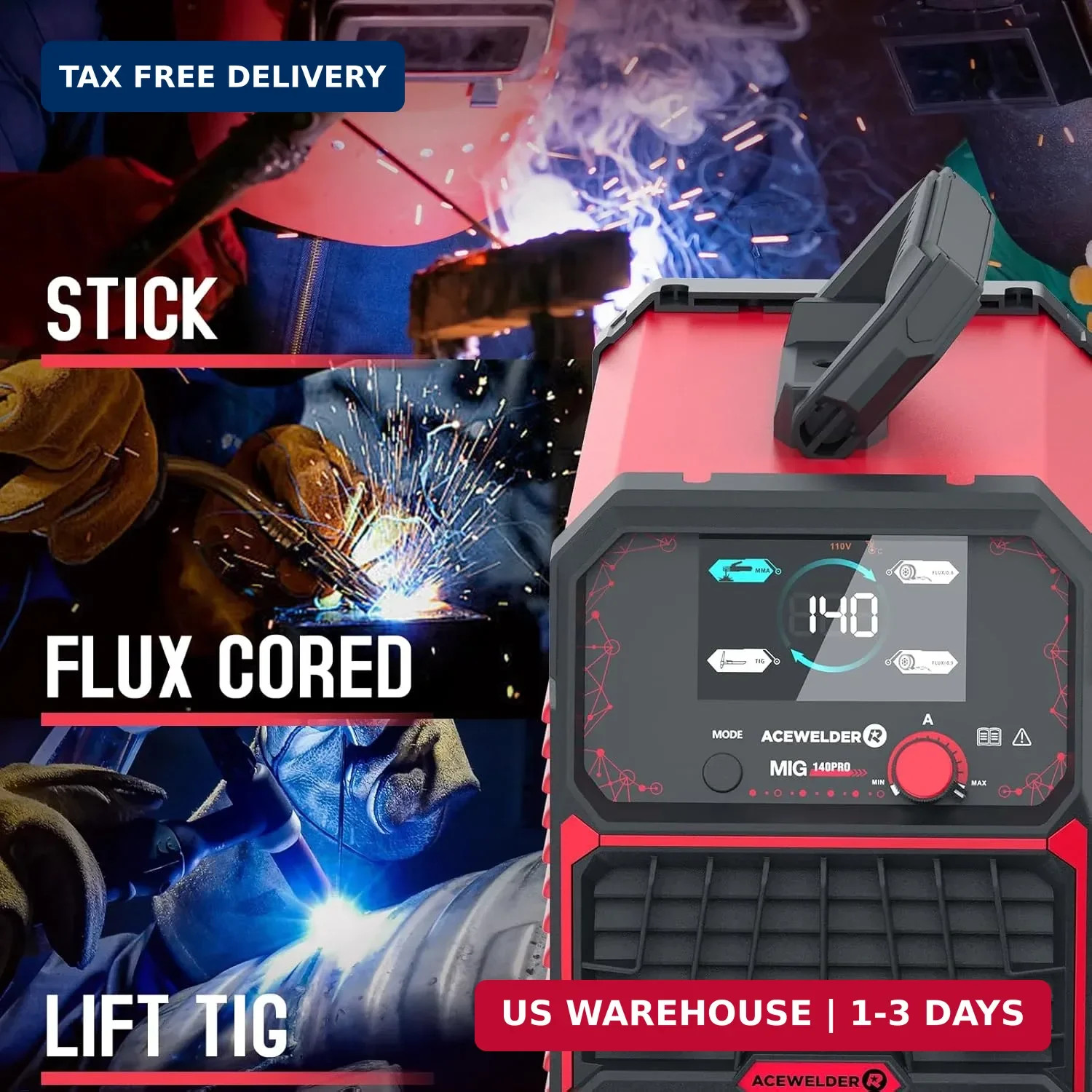 ACEWELDER 140A MIG Welder, 3 in 1 Flux Core, MIG/LIFT TIG/Stick Welding Machine