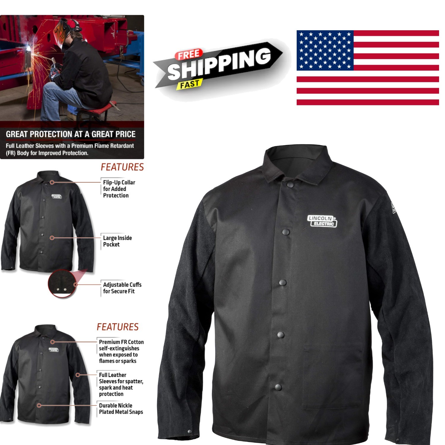 Unisex Adult Traditional Split Leather Sleeved Welding Jacket Black X Large