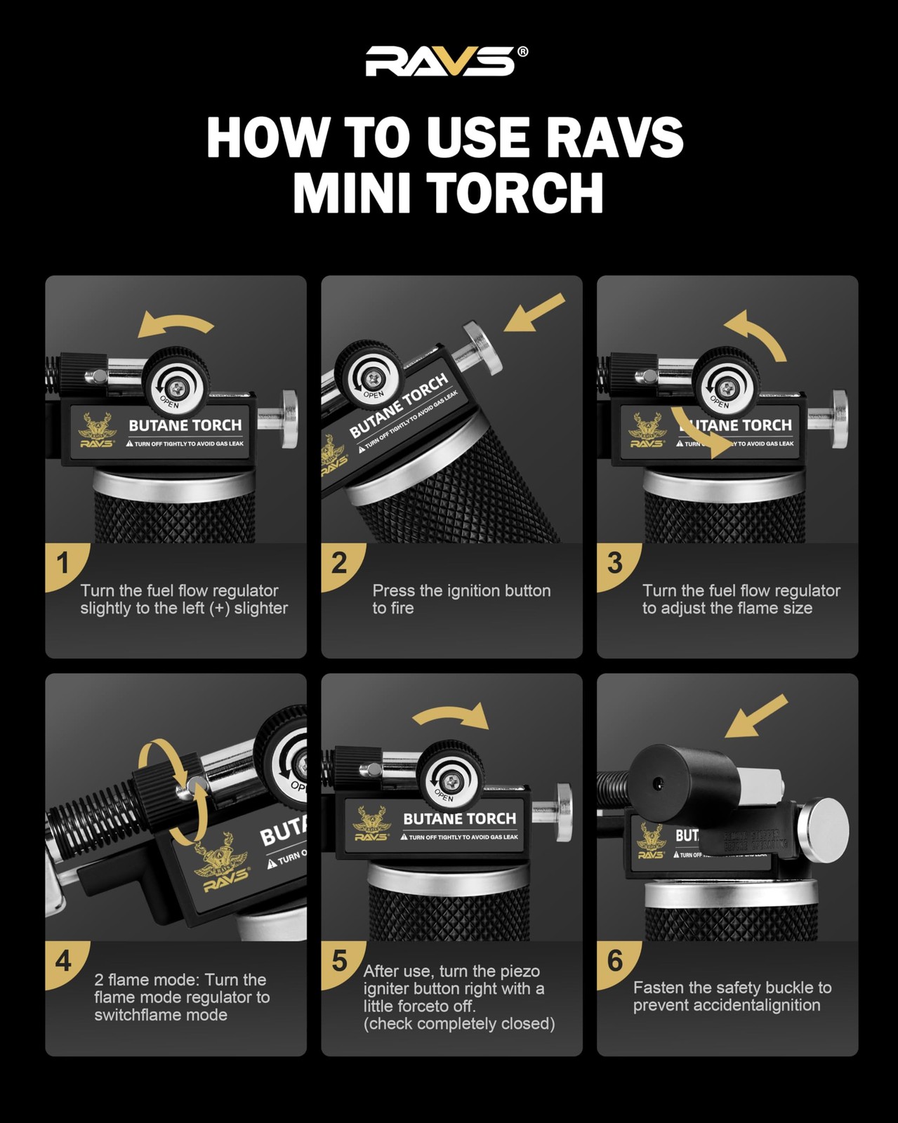 RAVS Butane Torch Lighter, DUAL Flame Mode Kitchen Torch, Micro torch, Black