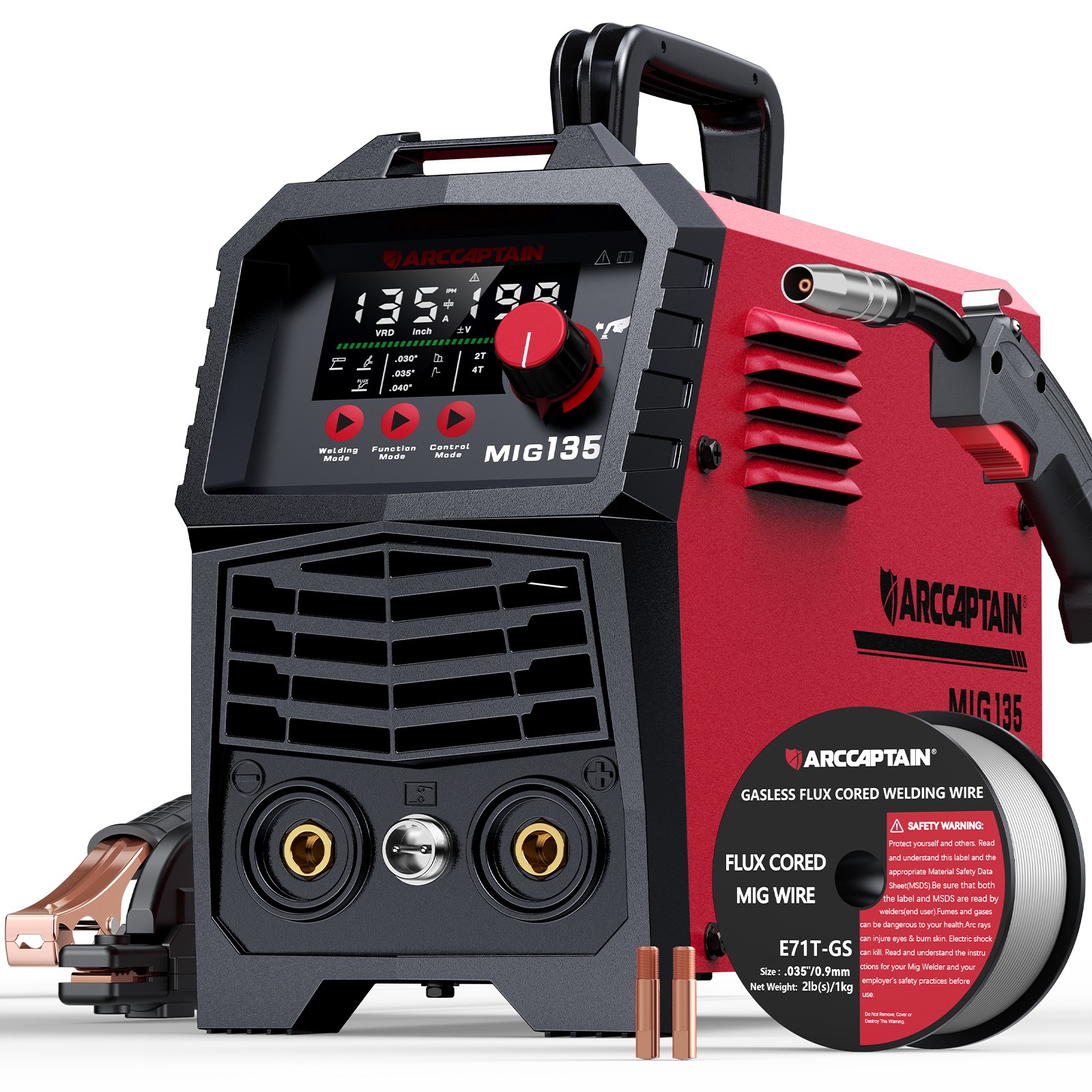 ARCCAPTAIN 135A MIG Welder 3 in 1 Flux Core MIG/Lift TIG/Stick Gasless LED 110V