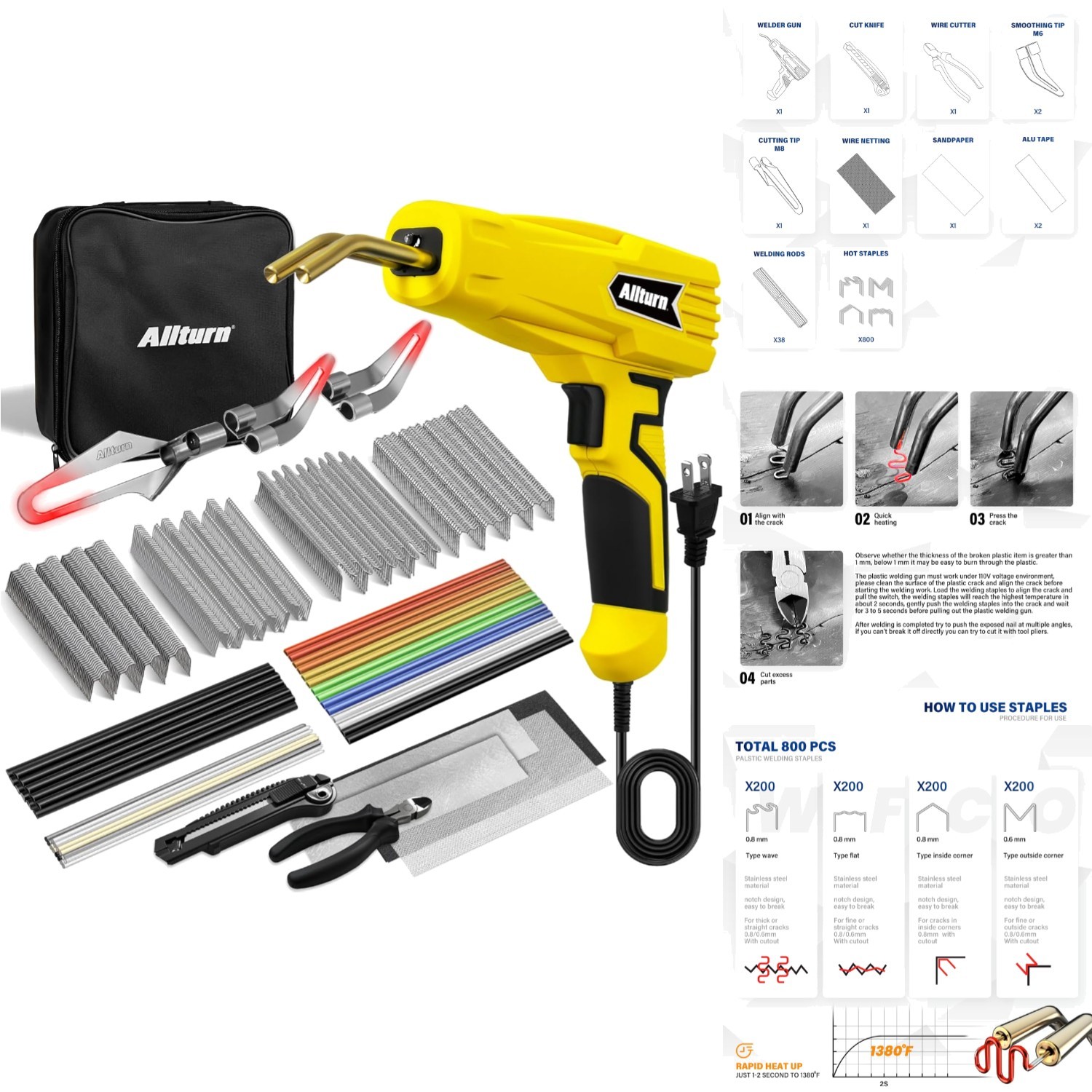 Plastic Repair Welder Kit Hot Stapler Bumper Crack Weld Gun Machine Rods Staples