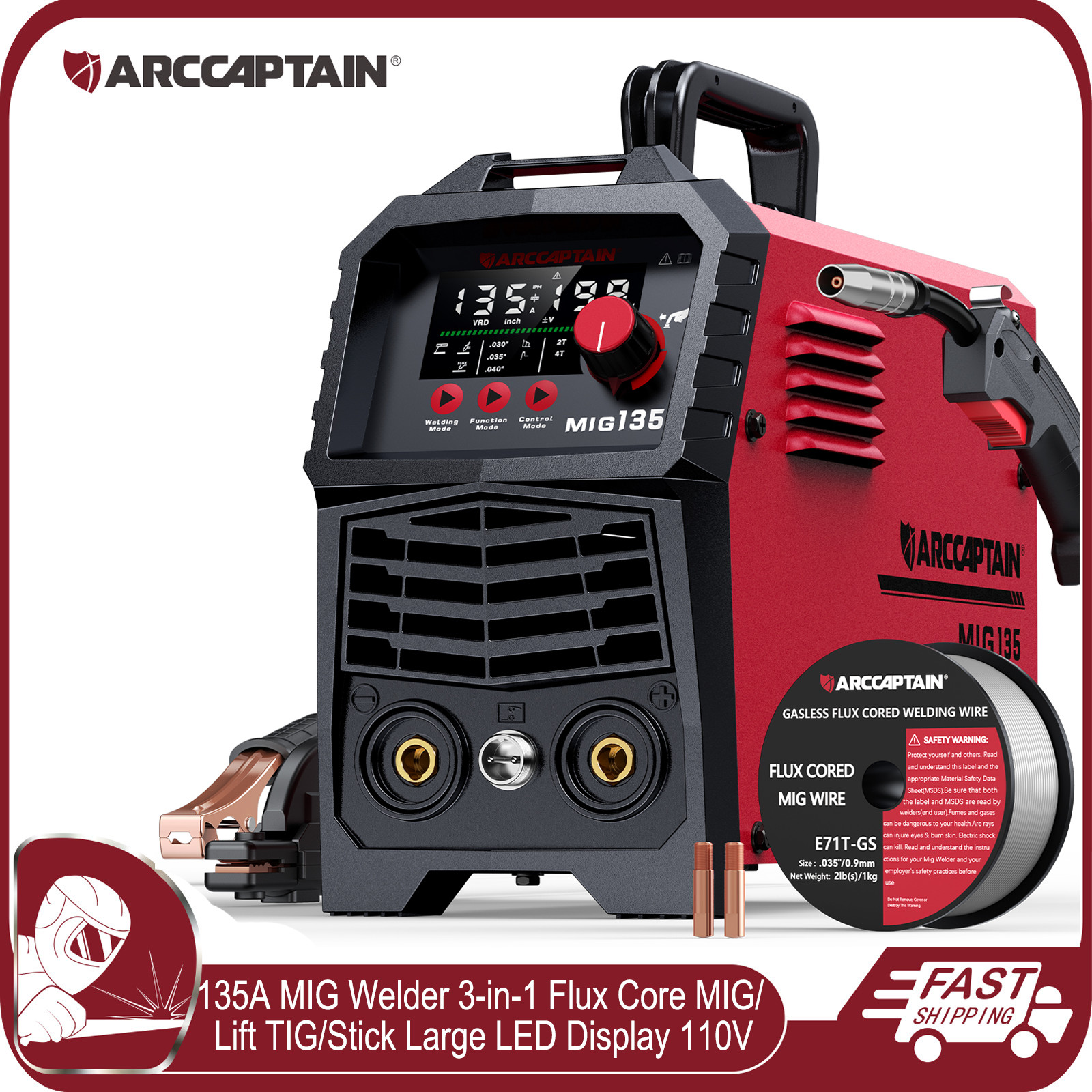 ARCCAPTAIN MIG Welder 135A 3-in-1 Flux Core Gasless MIG/Lift TIG/Stick LED 110V