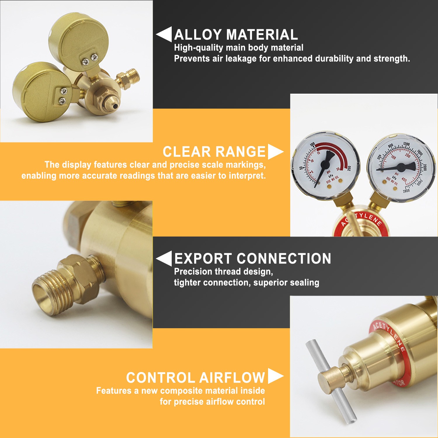 Acetylene Welding Gas Regulator CGA200 0-400PSI Precision Gauges 9/16″-18 Outlet