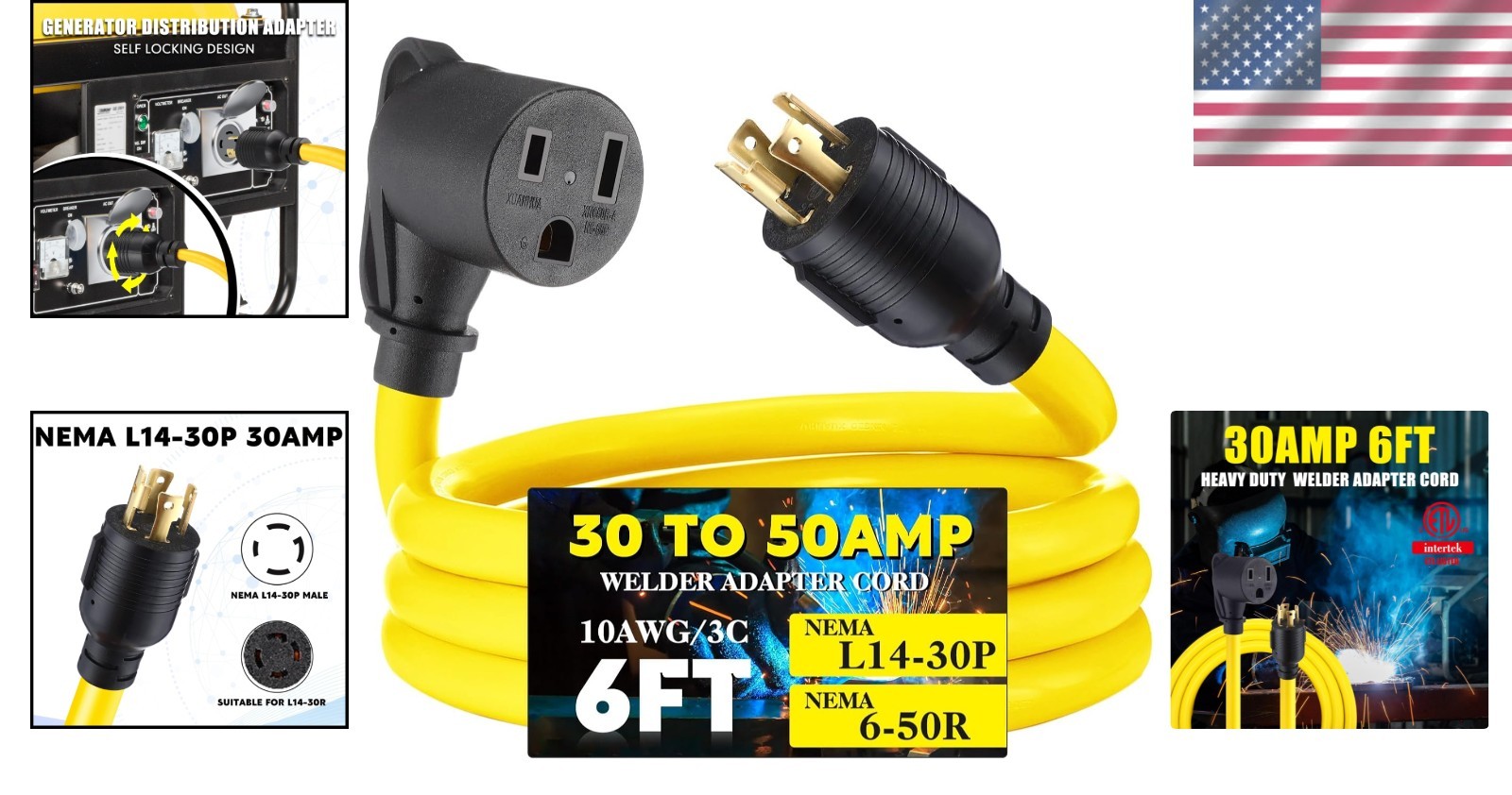 30A to 50A Welder Adapter 6ft NEMA L14-30P Male to 6-50R Female Power Cord
