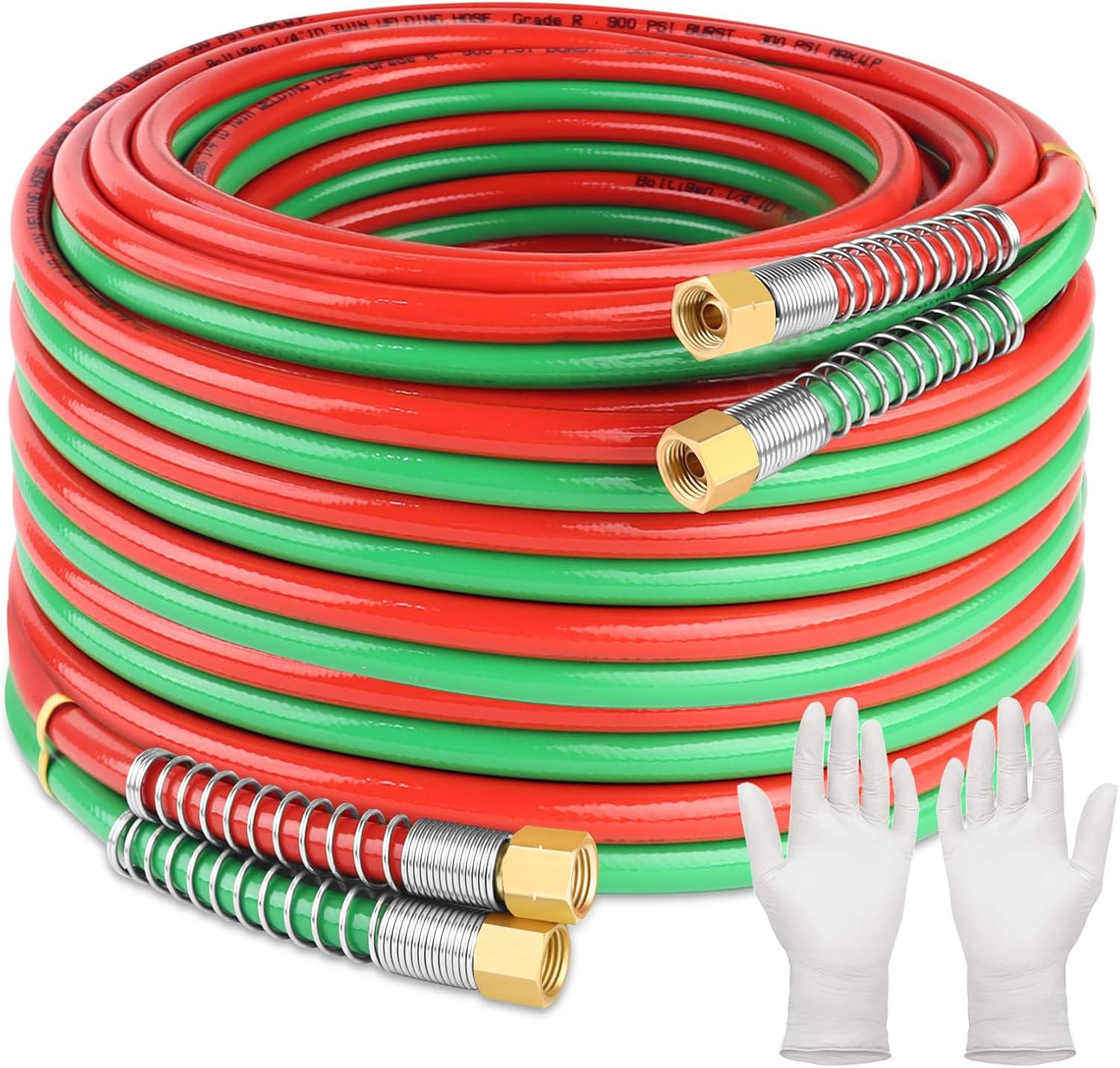 50 FT Grade R Twin Welding Torch Hose with Brass Fittings and Guards