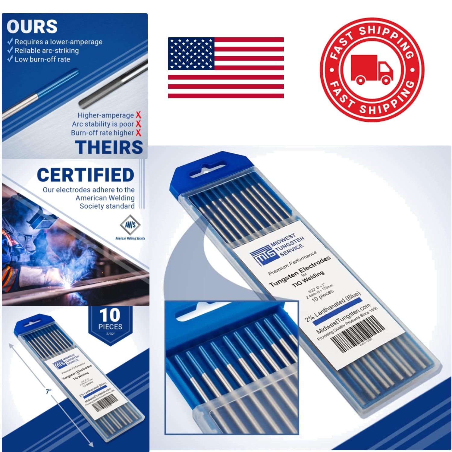 TIG Welding Tungsten Electrodes 10 Pack 3/32 Inch Blue 2 Percent Lanthanated