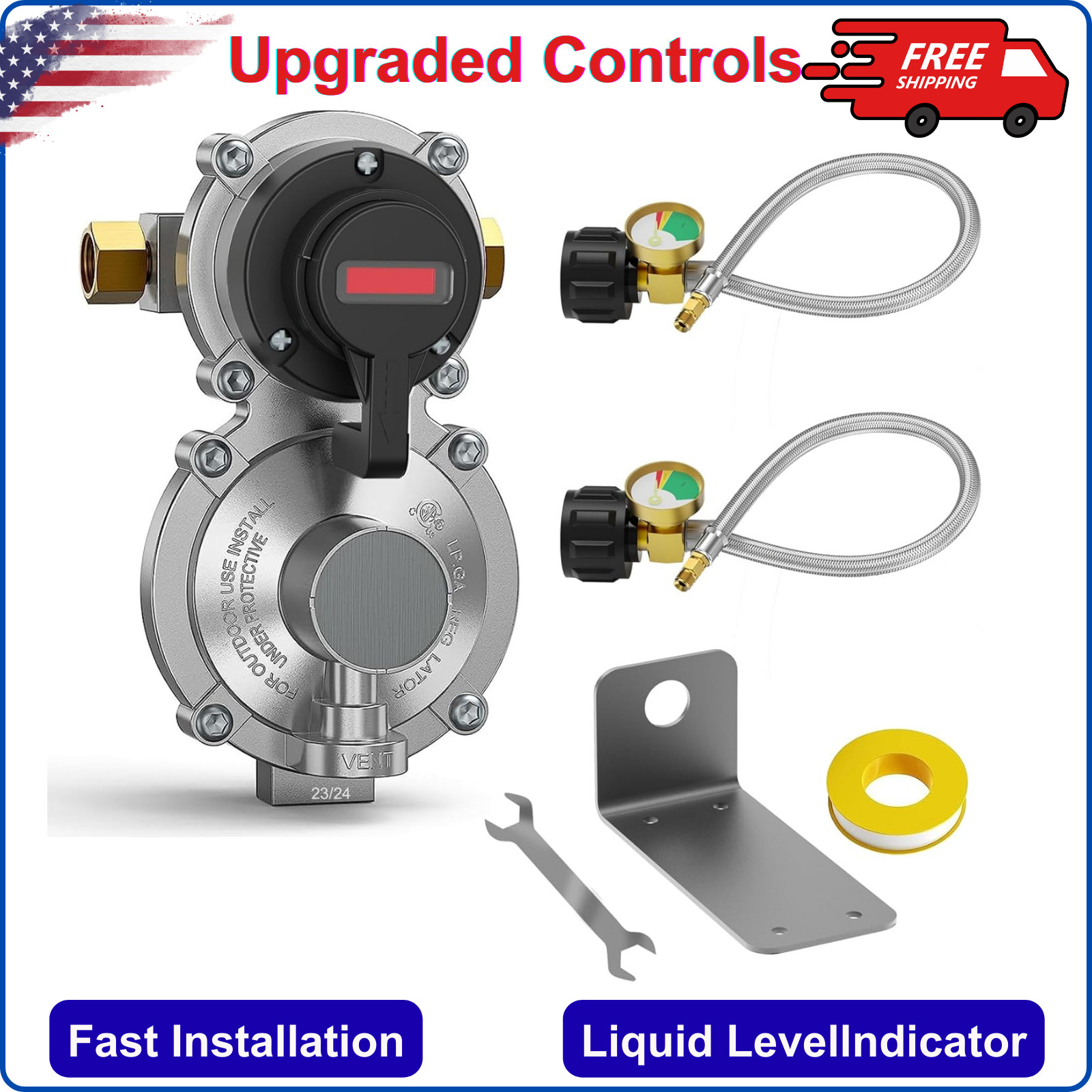 RV LP Propane Gas Regulator 2-Stage Automatic Changeover Two 18″ Pigtail Hose