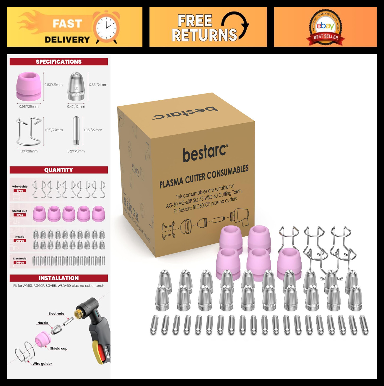 Plasma Cutter Consumables Kit 50pcs – Cutting Torch Tips & Nozzles for BTC500DP,