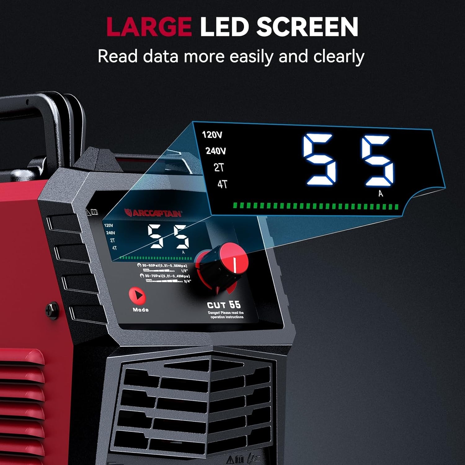 55A Plasma Cutter, Large LED Display, Non-Touch Pilot ARC Plasma Cutting Machine