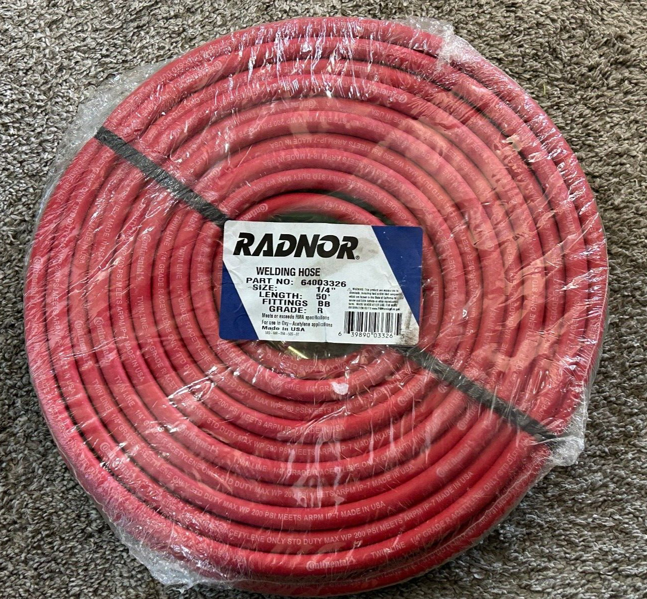 RADNOR 64003326 Welding Hose , Size 1/4″ , Length 50′ , Fittings BB, Grade R