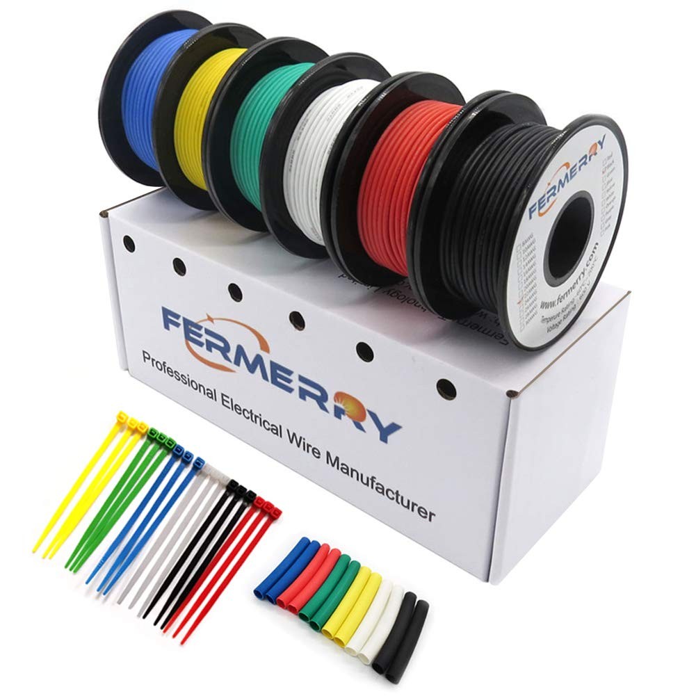 Fermerry 20 AWG Stranded Wire Spool 10FT, Yellow,Blue,White,Green,Black,Red