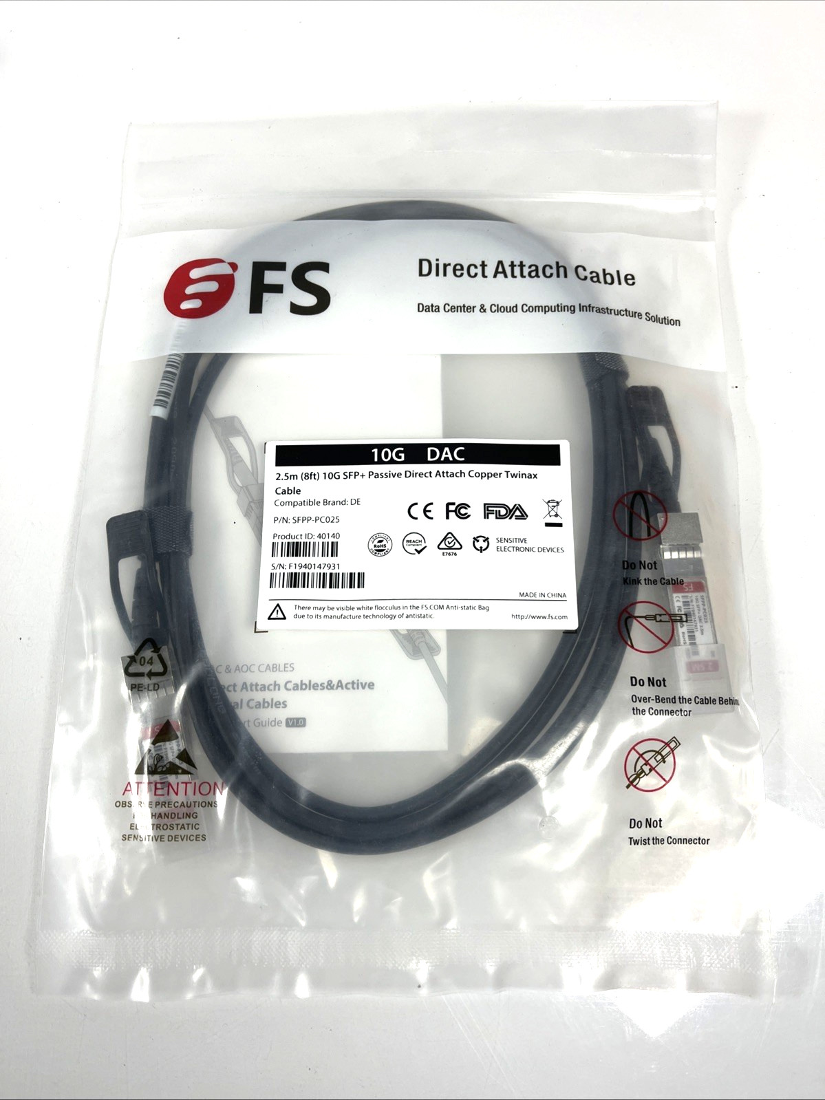 FS 10G SFP + Passive Direct Attach Copper Twinax 8Feet