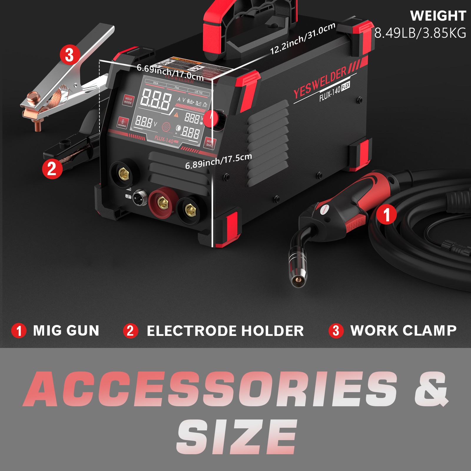 140A MIG Welder 110V, 3-in-1 Flux Core/Lift TIG/Stick, Large LED Display, IGBT