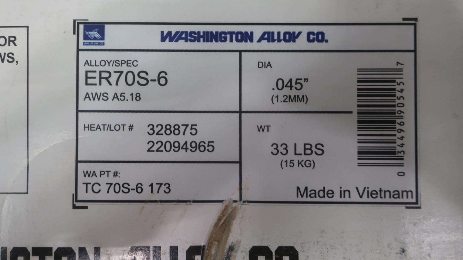 Washington Alloy TC 70S-6 173 Er70s-6 Electrode 0.045in 33lb