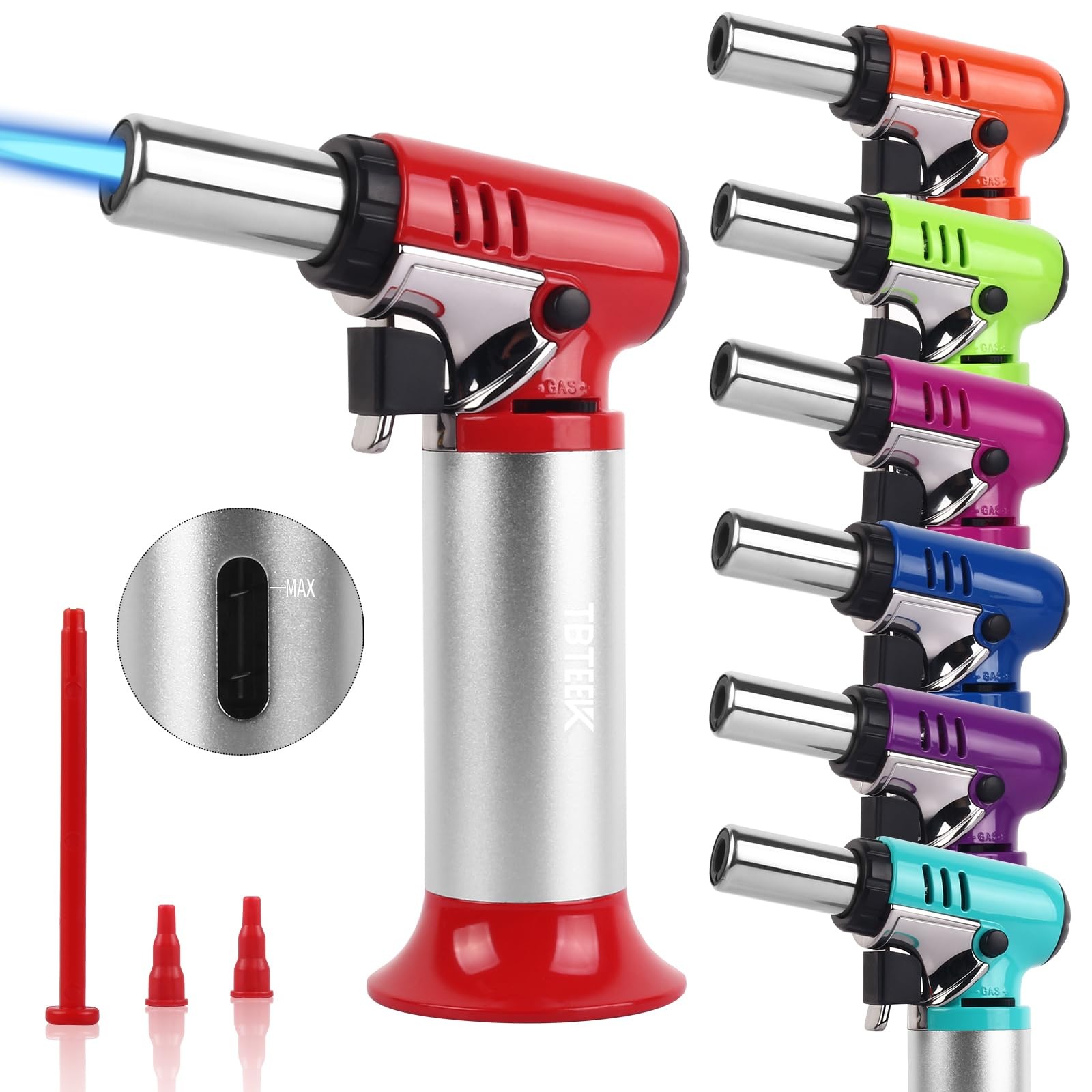 TBTeek Butane Torch with Fuel Gauge T907, One-hand Operation Red-silvery