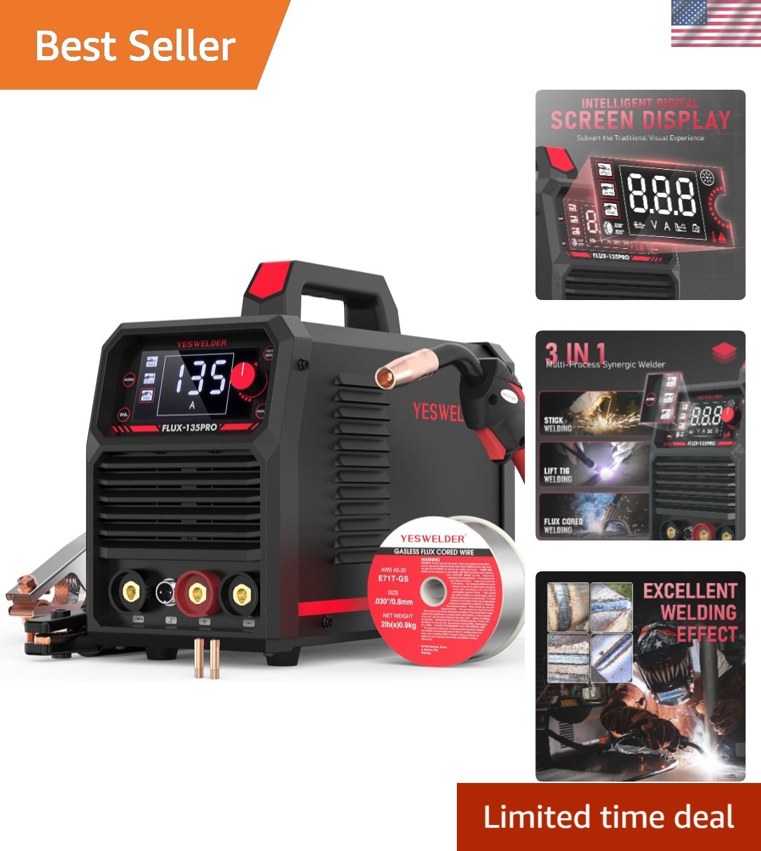 Lightweight 135Amp MIG Welder with Large LED Digital Display – Versatile 3-in-1