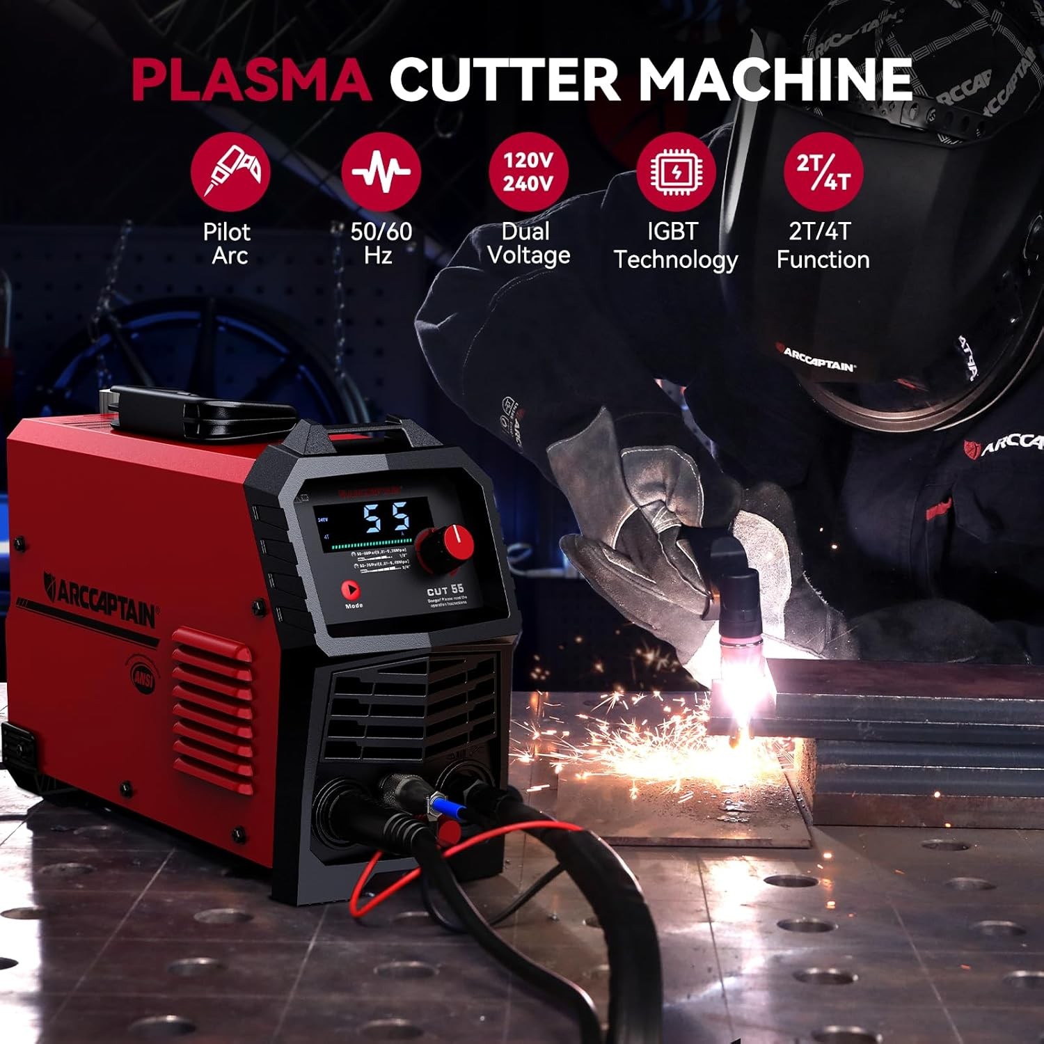 55A Plasma Cutter, Large LED Display, Non-Touch Pilot ARC Plasma Cutting Machine