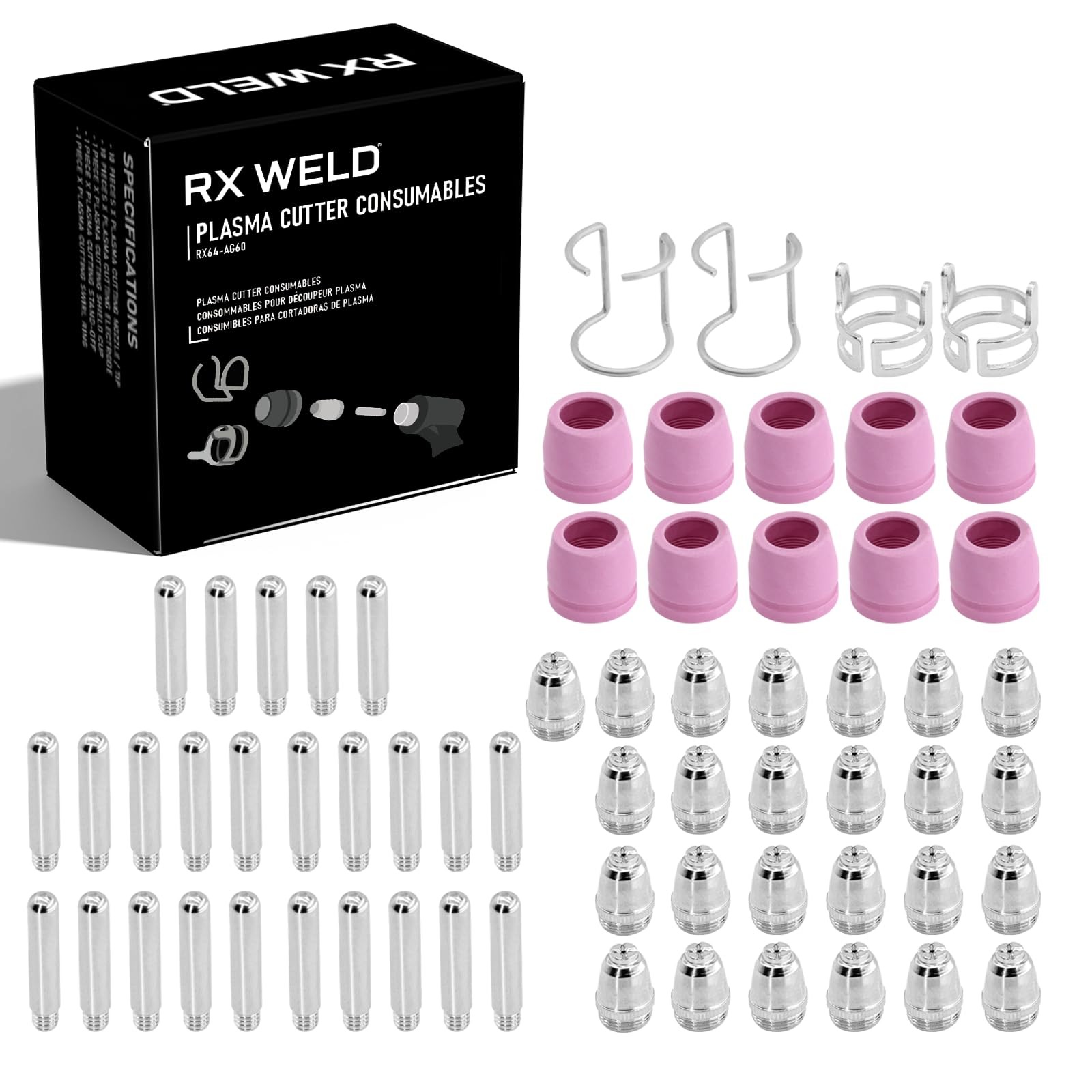 AG60P Plasma Cutter Torch Kit: 64PCS Electrode Nozzles Cups Copper Ceramic