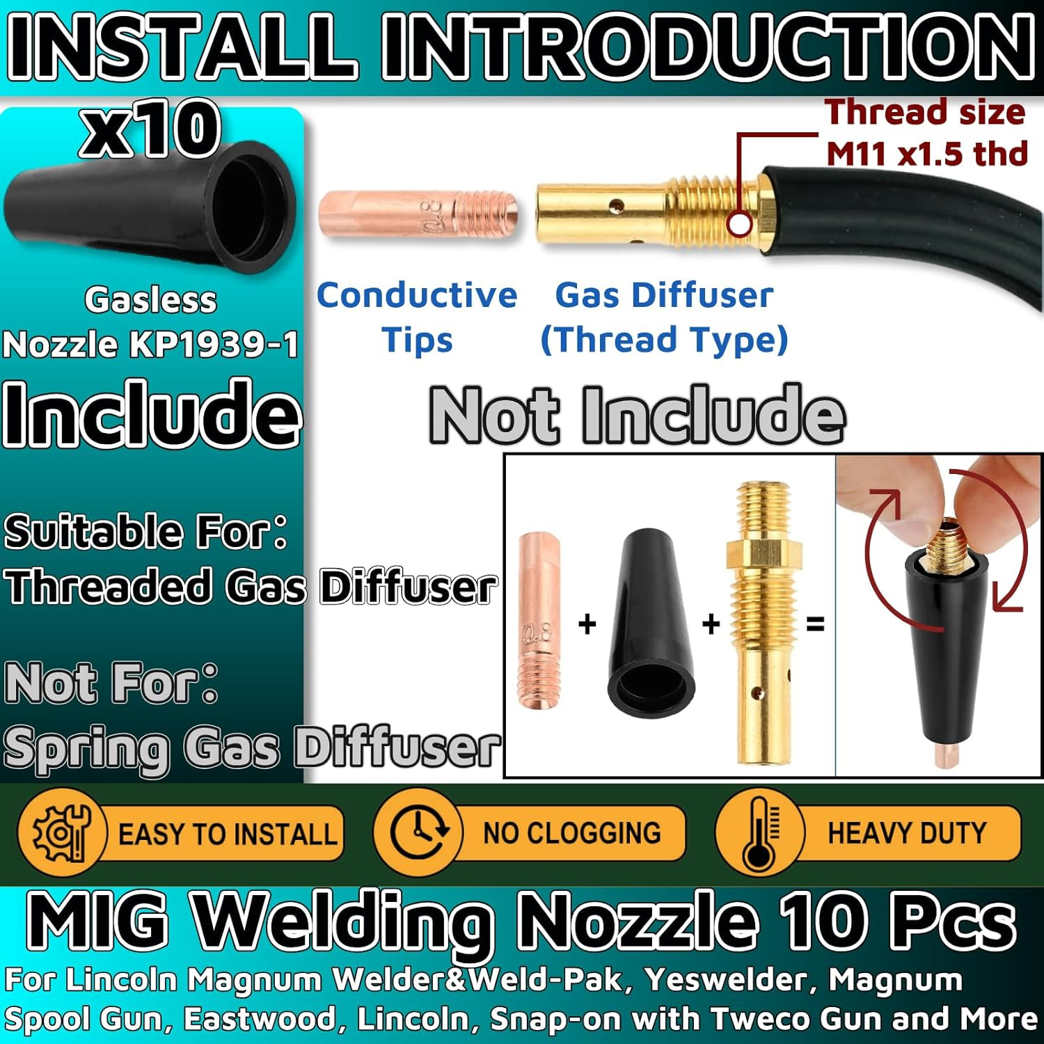 10Pcs MIG Welding Flux Core Gasless Nozzle，Welding Tools MIG Welding Accessories