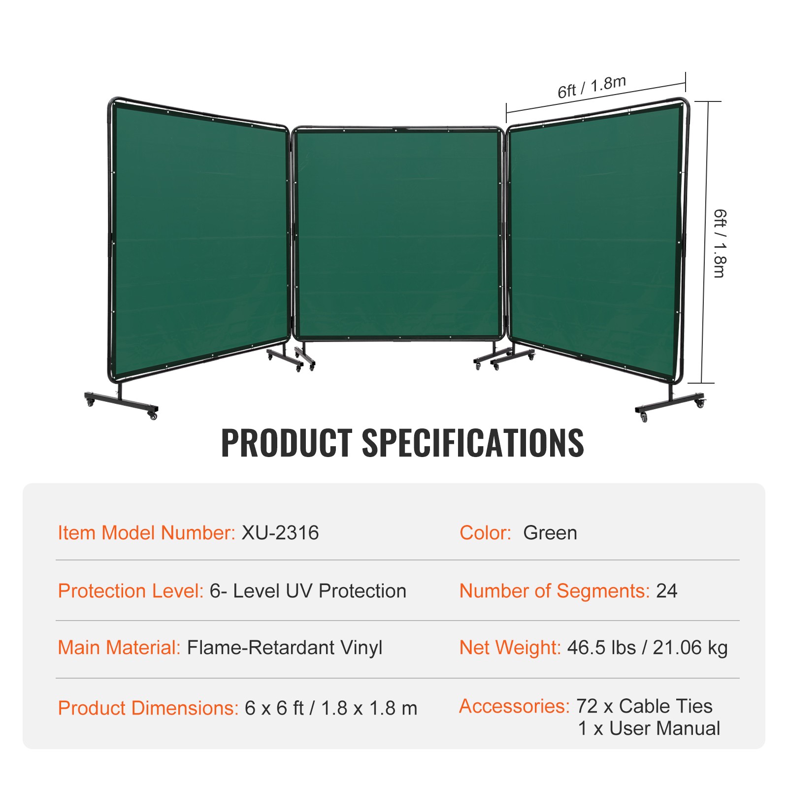 Uimoso Three-Panel Welding Screen with Frame, 6′ x 6′, Includes 12 Wheels