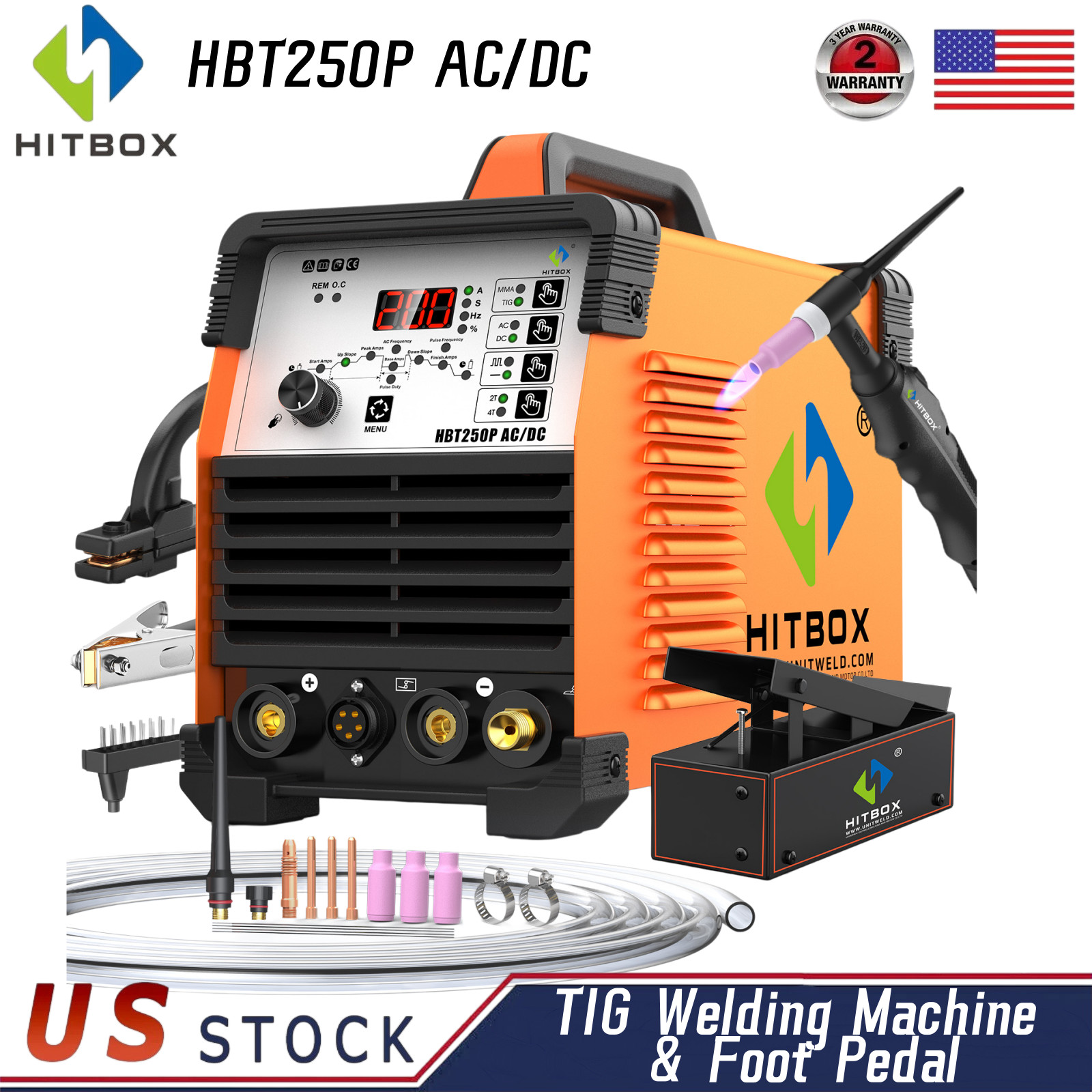 5IN1 220V 200A AC/DC HF Pulse TIG Stick Welder 2T/4T Aluminum Welding&Foot Pedal