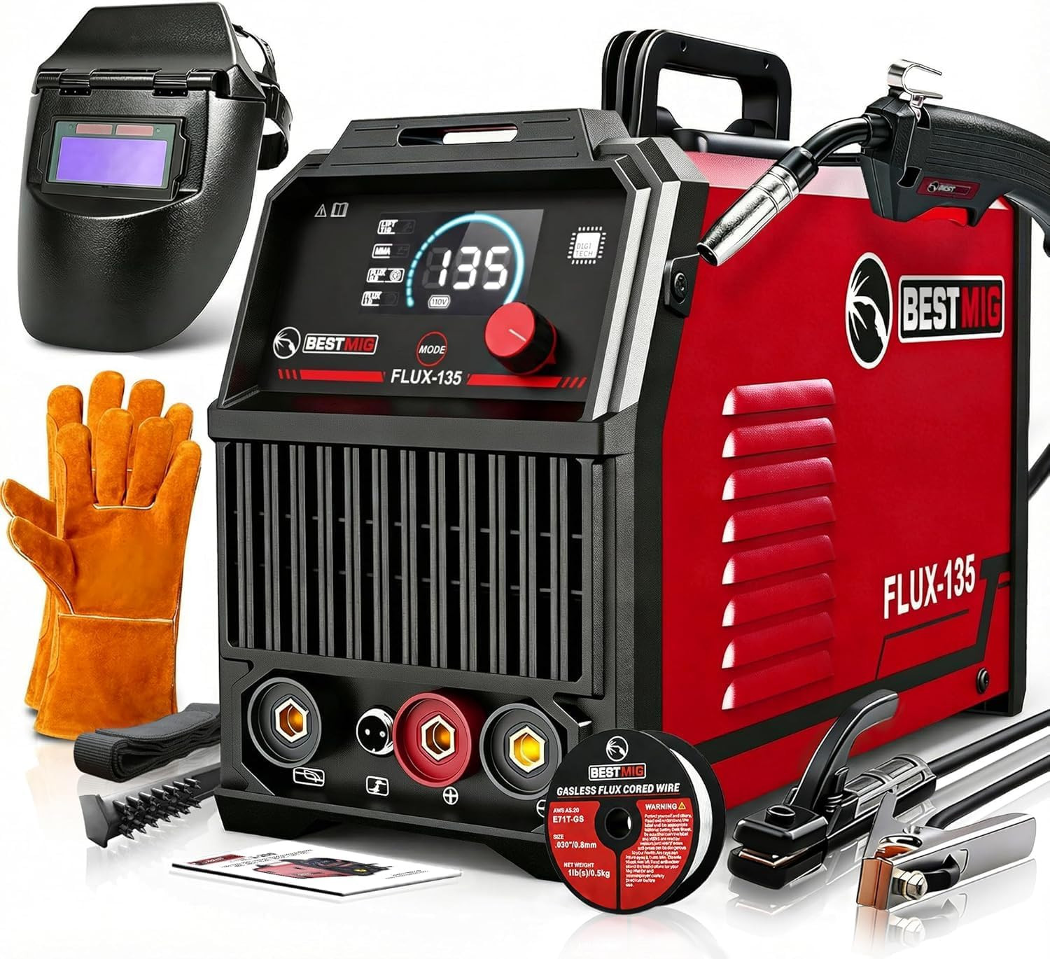 BESTMIG 135A MIG Welder – 3-In-1 Flux Core Welder, Mig/Lift Tig/Stick Welding Ma