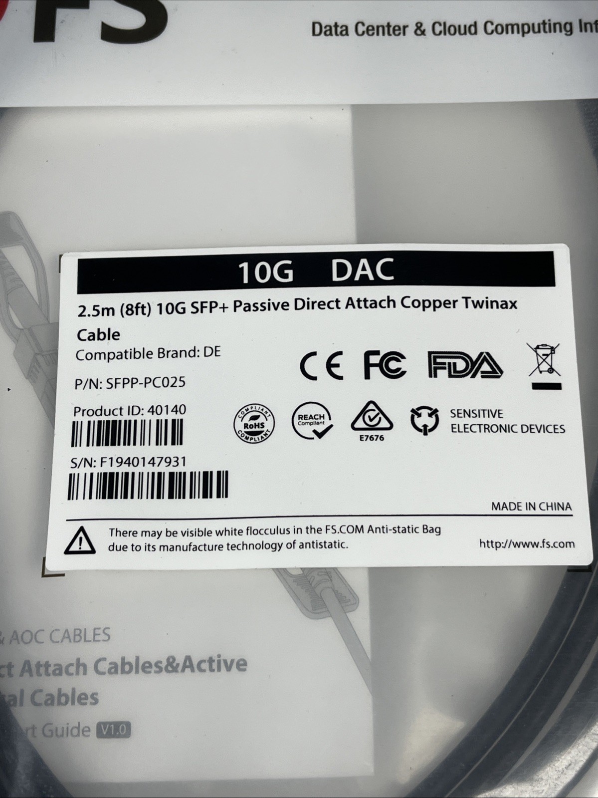 FS 10G SFP + Passive Direct Attach Copper Twinax 8Feet