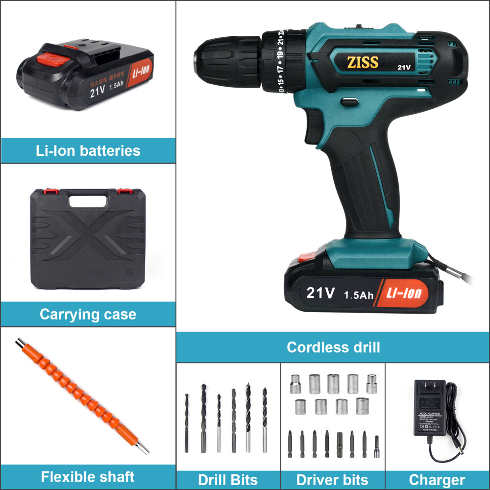 21V Impact Drill Hammer Cordless Drill /Driver Bits Set 2 Speed Combo Power Tool