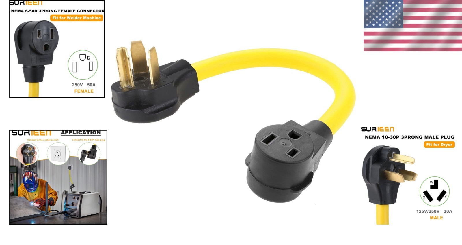 10-30P to 6-50R Welder Adapter Cord, 1.5FT 30 Amp Dryer Male Plug to 50 Amp