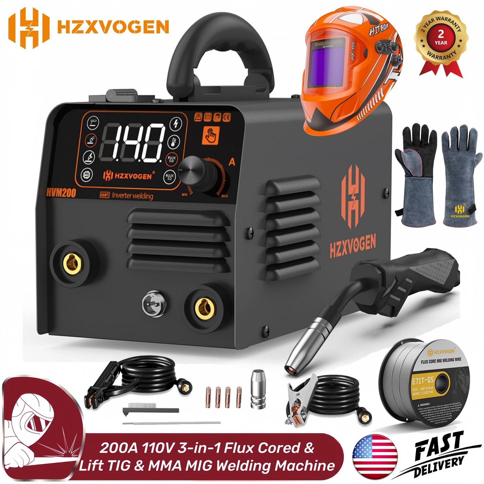 HZXVOGEN 3IN1 Gasless MIG Welder 200A 110V Inverter IGBT TIG/MMA Welding Machine