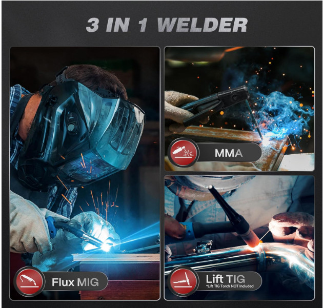 Máquina soldadora MIG 130A 110V 3 en 1, Flux Core sin gas, TIG Lift y Stick, inv