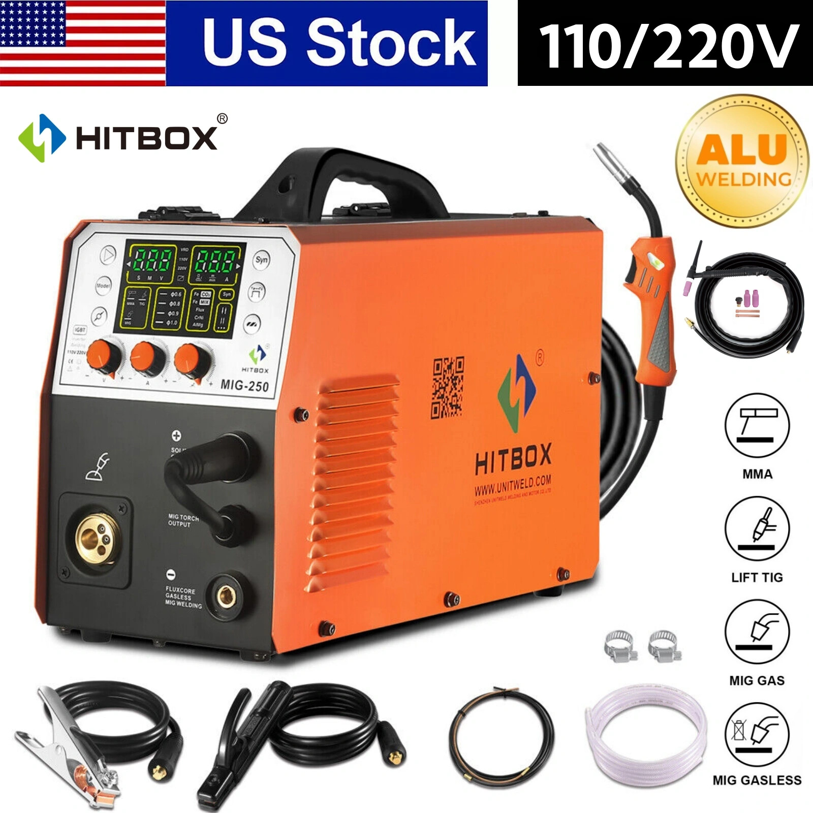 110V/220V 250A MIG Welder+TIG Gun, 5 in 1 MIG Alu Welding Machine Lift TIG/Stick