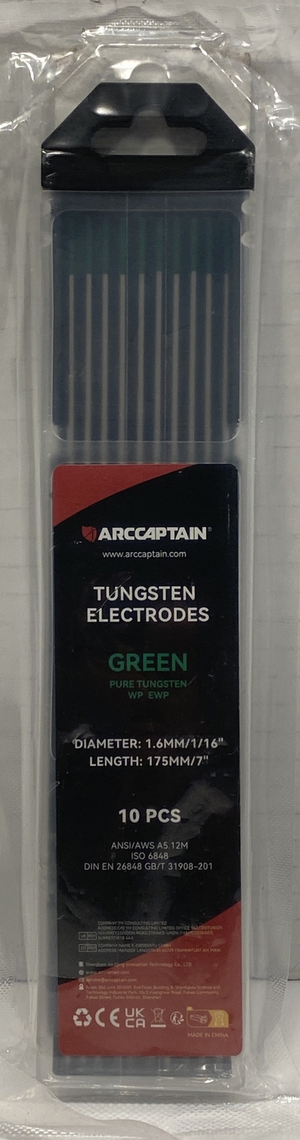ARCCAPTAIN Tungsten Electrode Green 10-Pack Diameter 1.6mm/1/16” Length 175mm/7”
