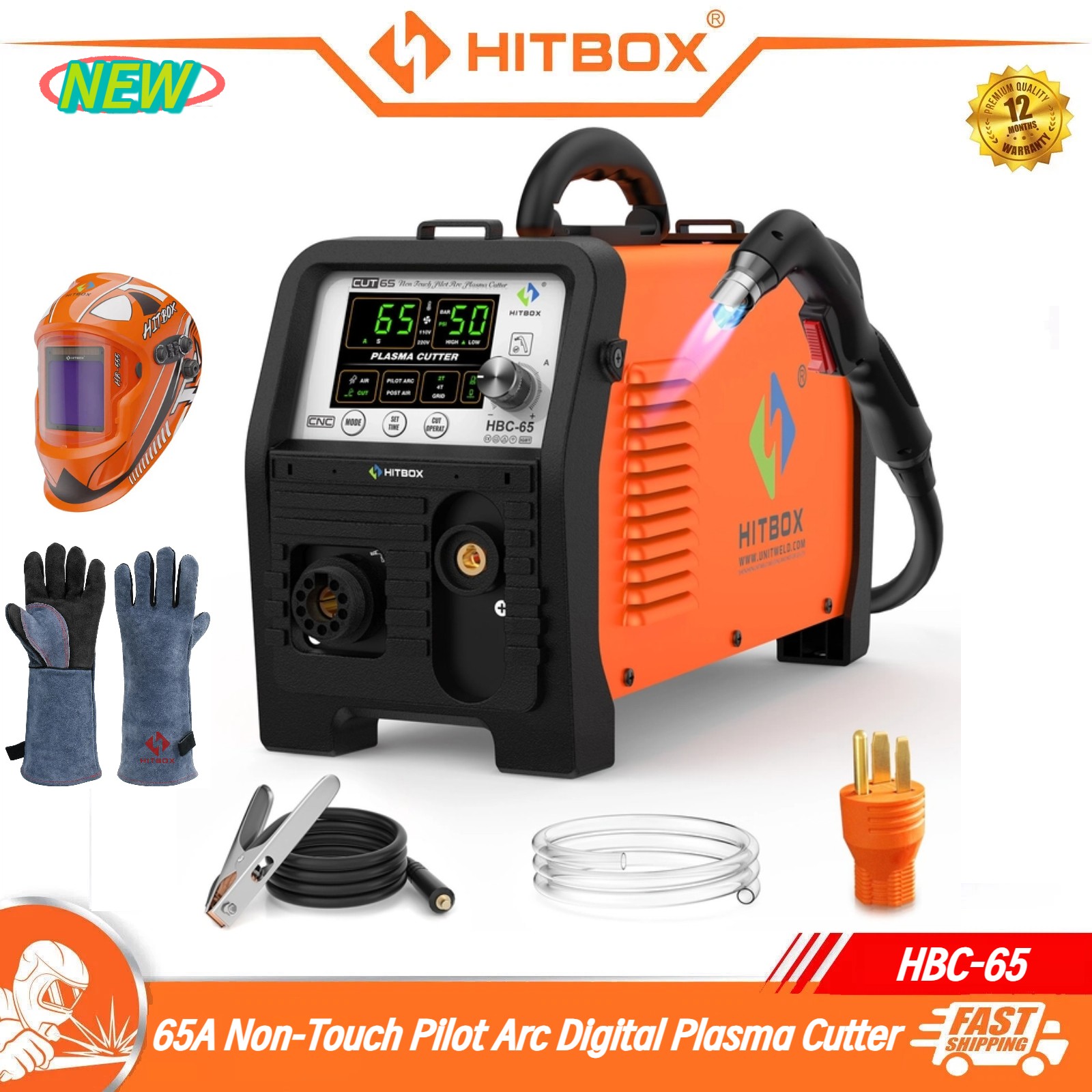 65 A Non-Touch Pilot Arc Digital Plasma Cutter 110/220V Cutting Machine&Helmet