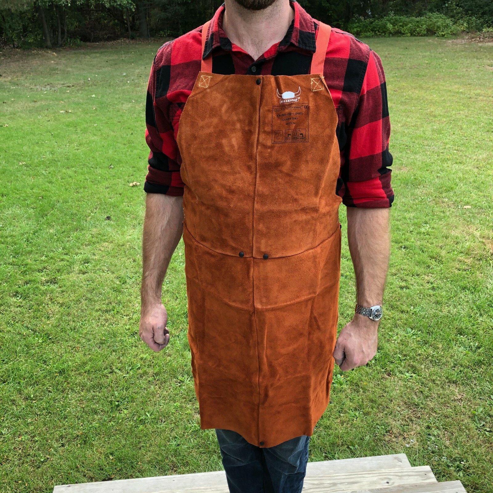 Mens Heavy Duty Leather Work Bib Apron Weldas 24″ Wide 36″ Long Orange Brown