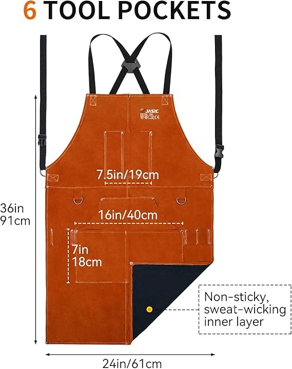 JASIC Cowhide Leather Welding Apron Adjustable, Heat Flame Resistant w/6 Pockets