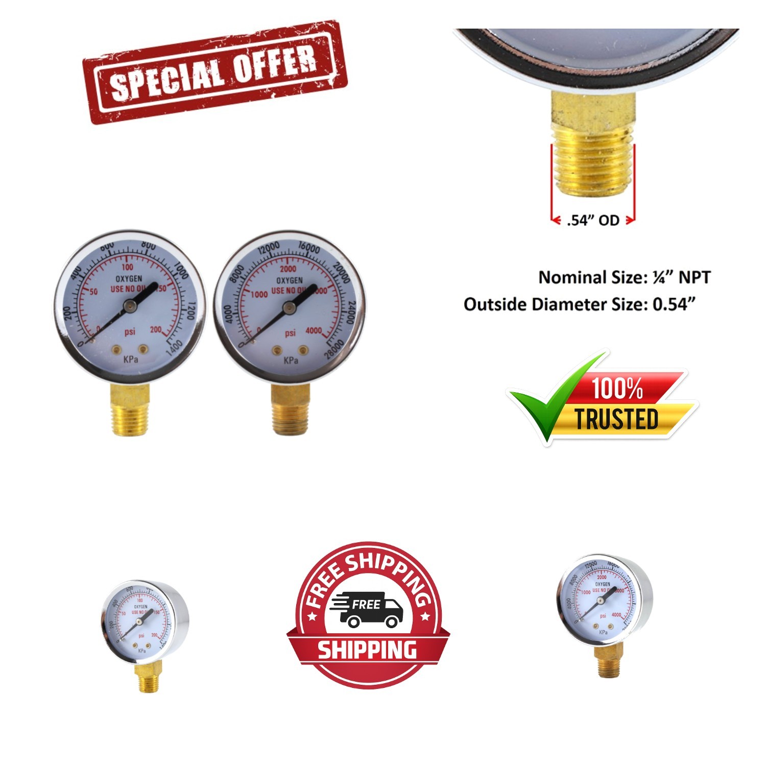 Chrome-Plated Dual Pressure Gauges for Oxygen Regulators – 0-4000 psi – 2 inch