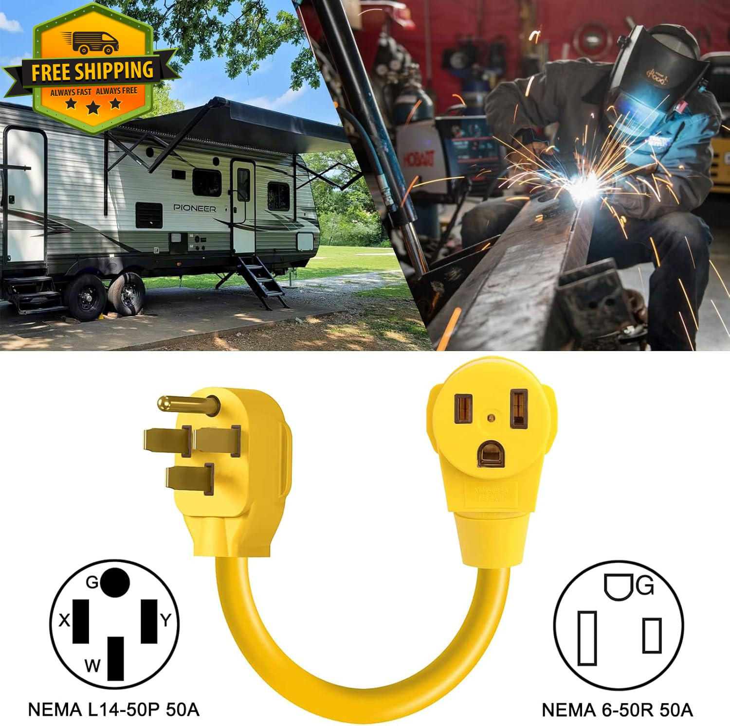 NEMA 14-50P to 6-50R Welder Adapter 50A 125/250V RV Plug 8AWG Cord