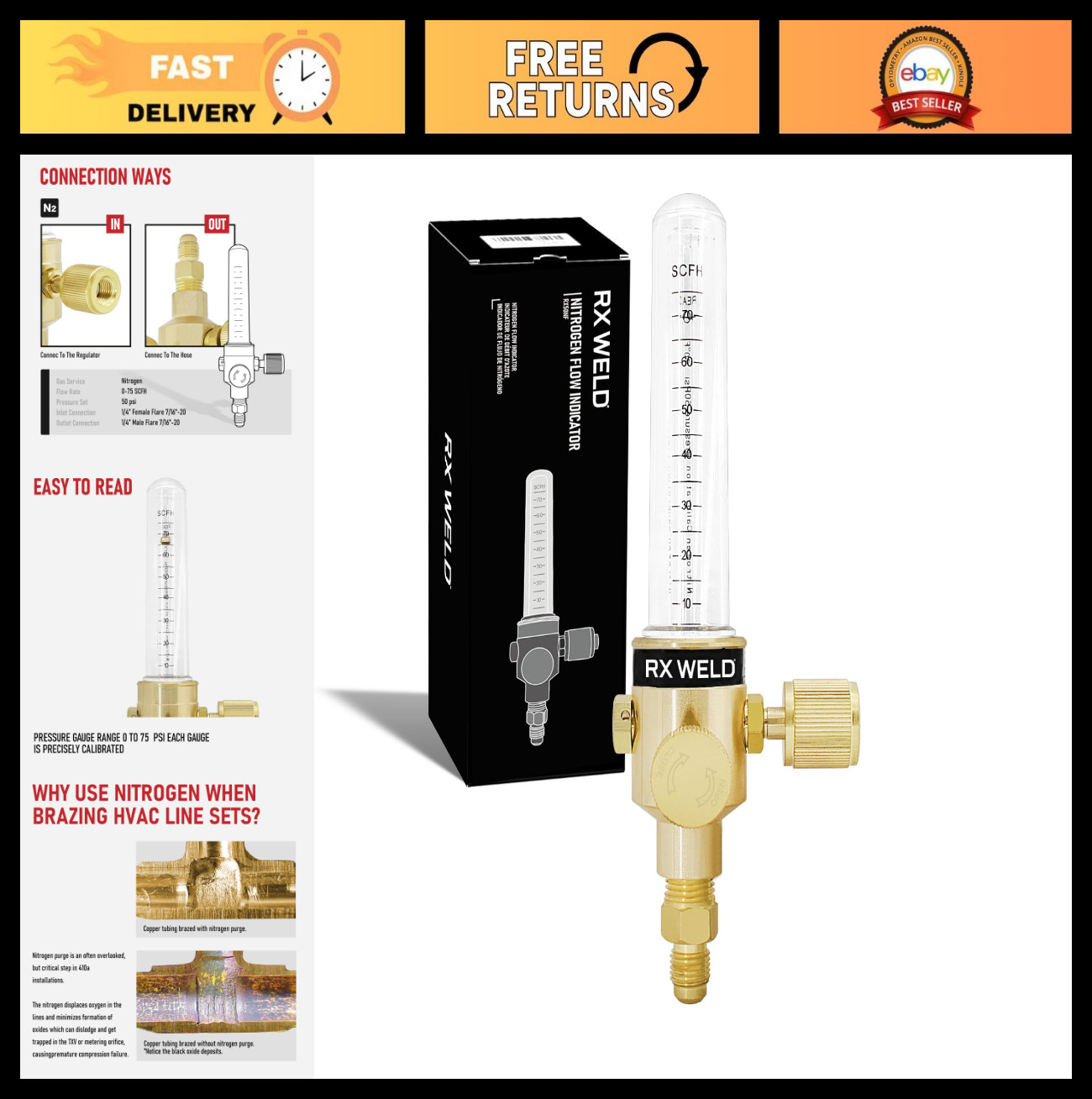 Nitrogen Flow Indicator 1/4″ SAE Flare Inlet/Outlet, 50 PSI Pressure Gauge