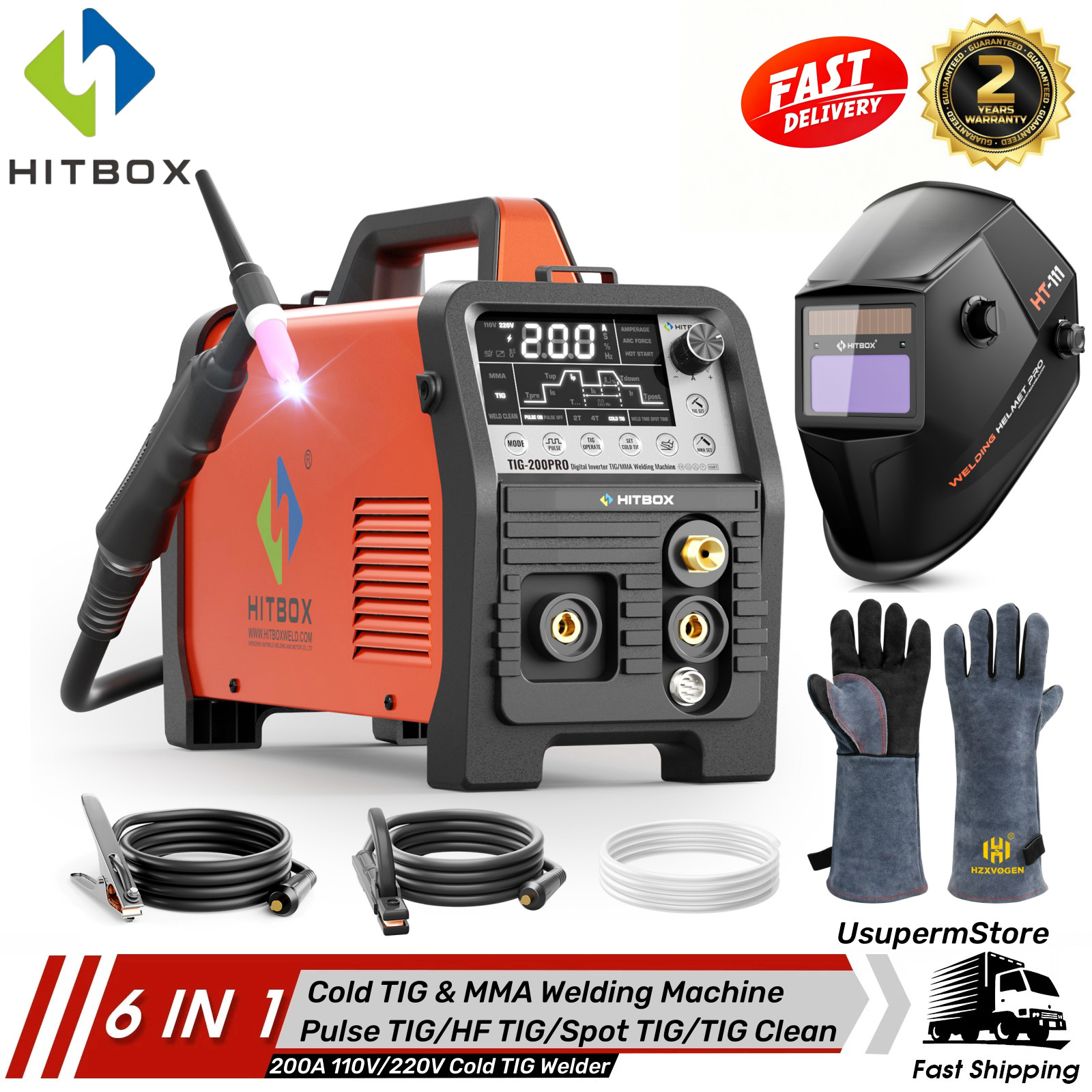 HITBOX 200A 110V/220V 6in1 Cold TIG Welder 2T/4T Pulse/HF/Spot TIG MMA Welder US