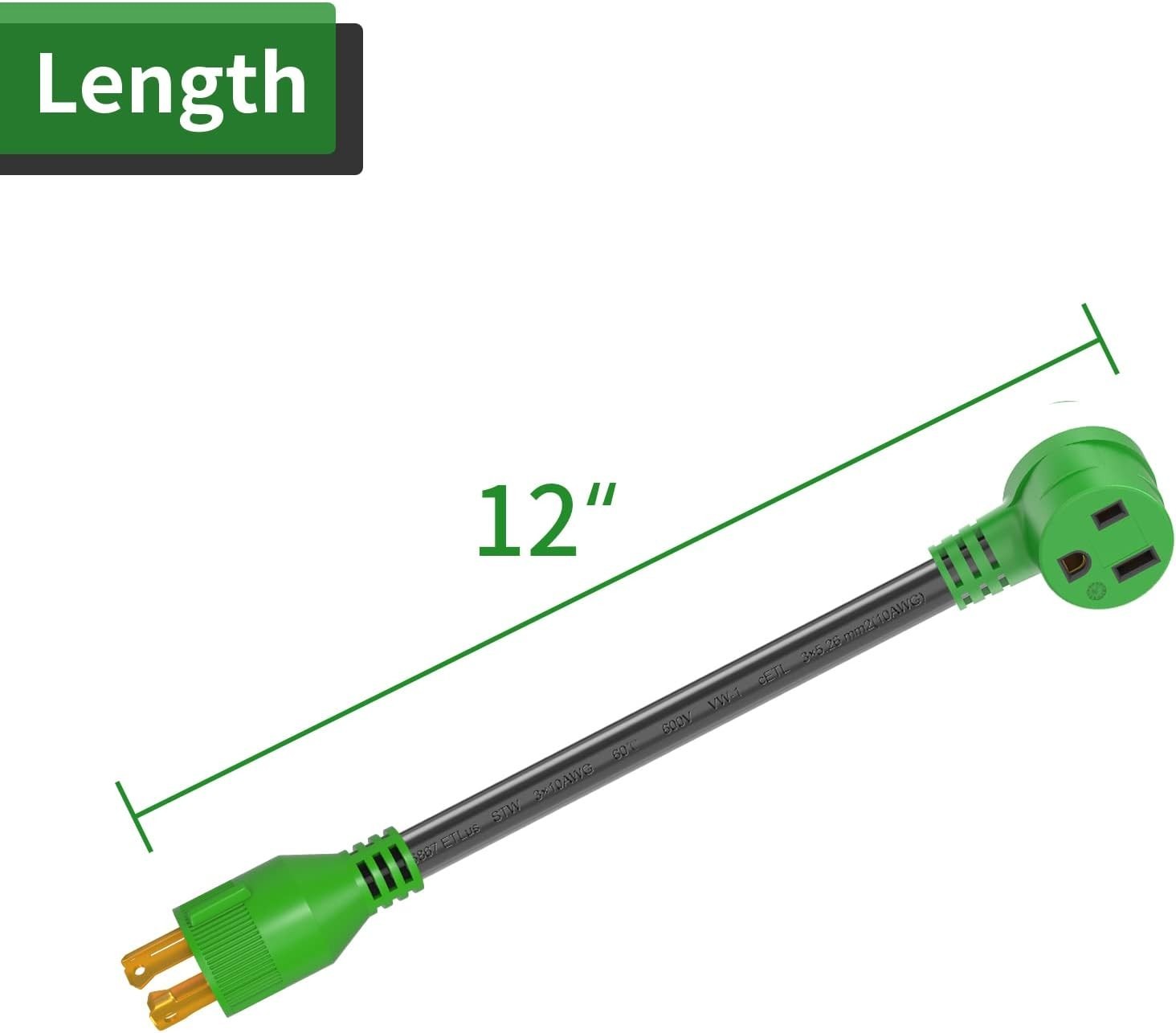 Welder Adapter for Generators 30A to 50A 12 Inch Green NEMA L14-30P to 6-50R