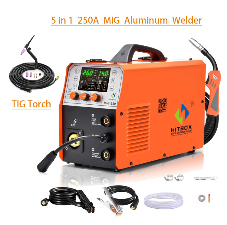 250A MIG Aluminum Welder+TIG Torch, Gasless MIG Gas MIG Stick Lift TIG Weld