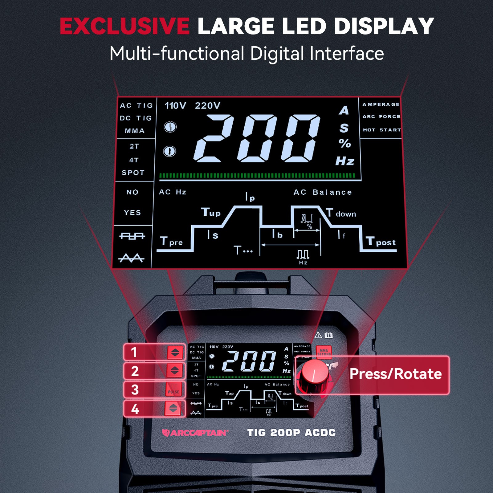 ARCCAPTAIN 7 in 1 TIG Welder AC/DC 200Amp Square/Triangular Wave/Stick/MMA/Spot