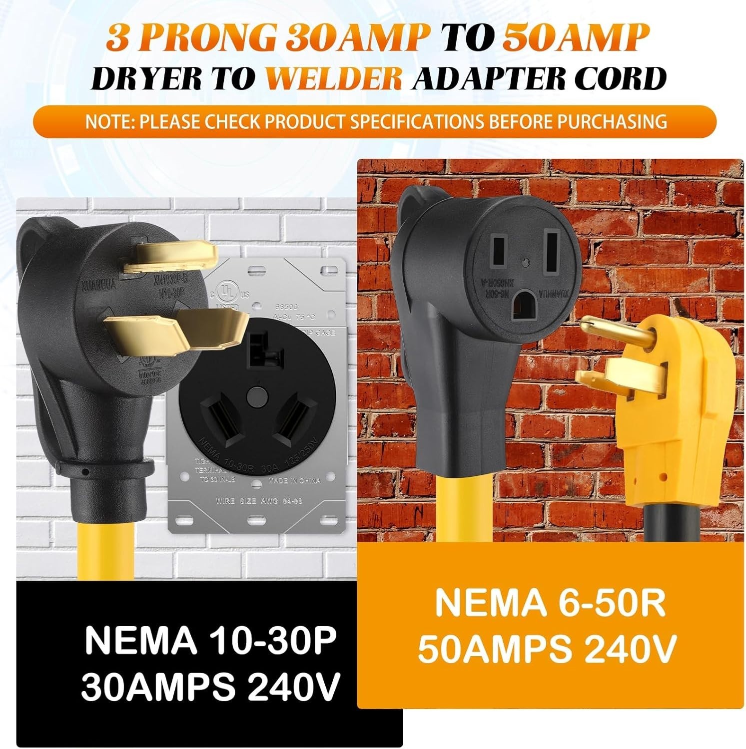 1 FT NEMA 10-30P to 6-50R 30Amp to 50Amp Welder Adapter Cord, NEMA 10-30P Mal…